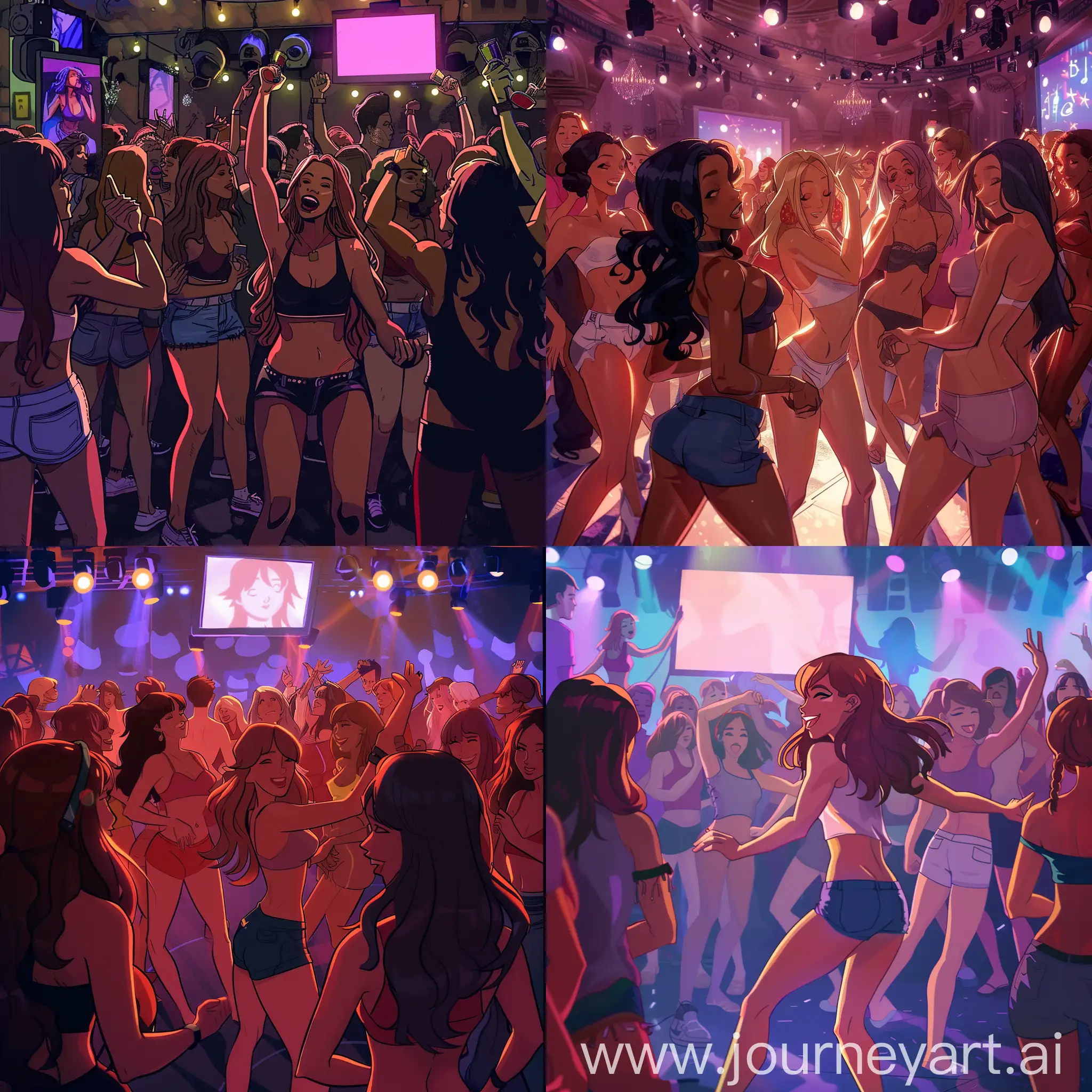 make a cartoon picture in a club where a lot of girls are dancing, clearly depict everyone, add a screen in this club on which nothing is shown