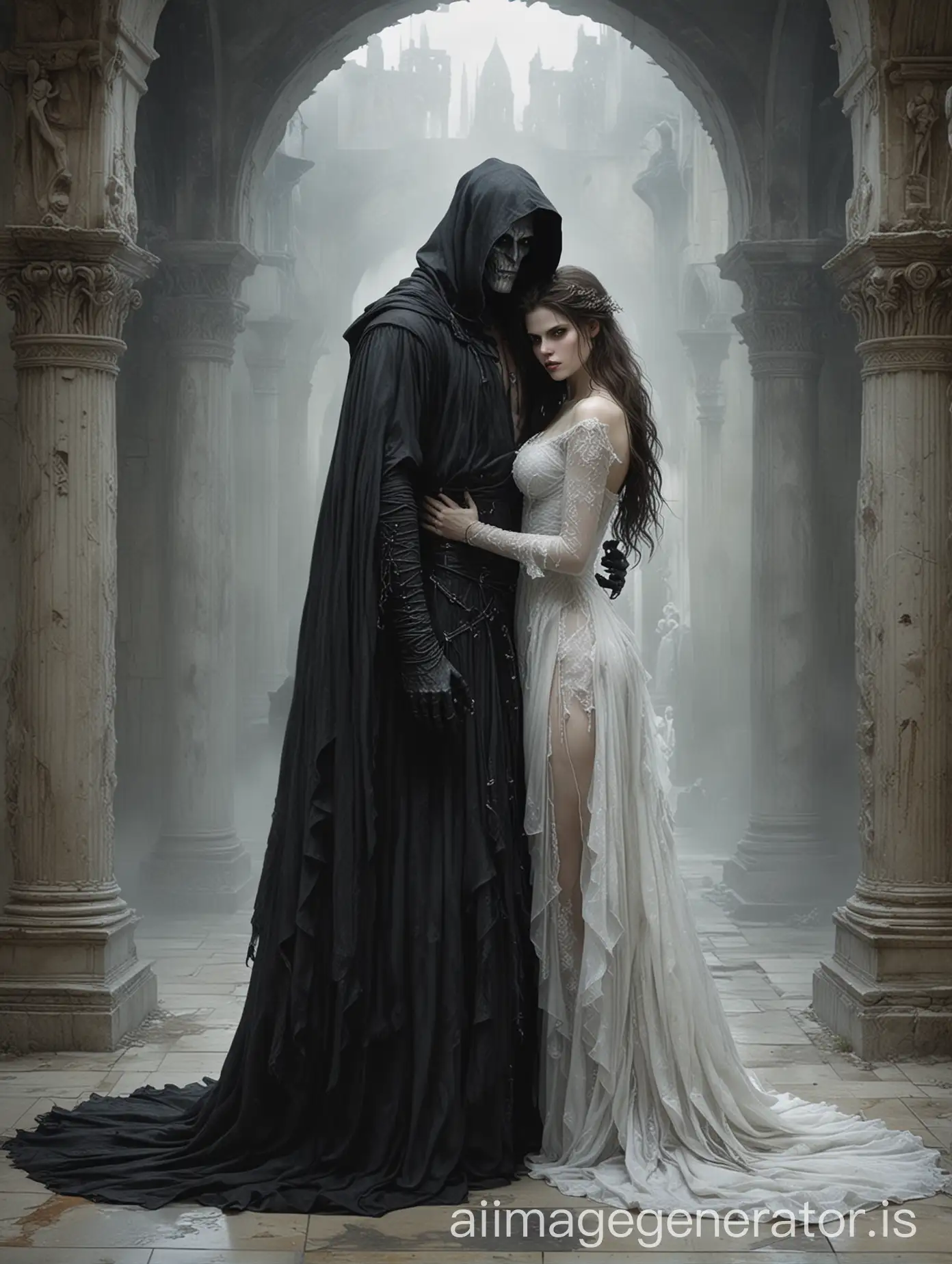 luis royo dark art style, alexandra daddario face, wedding couple of woman and demon, woman in an embrace with a tall man demon creature in black hood, raggedy wedding dress translucent, innocent woman wedding with a demon, standing on a marble floor, ancient ruins blurry foggy background