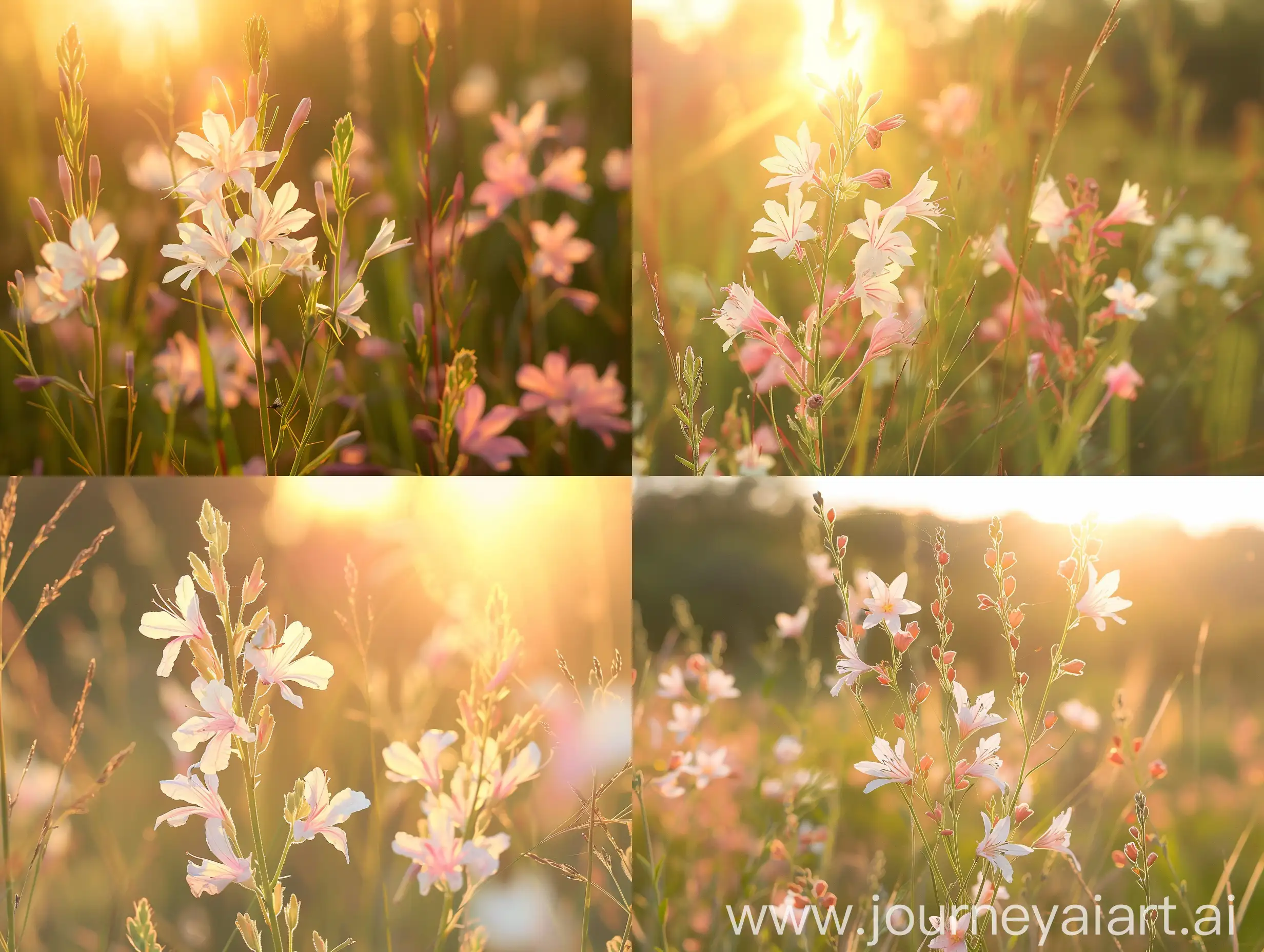 High detailed photo capturing a Gaura, Rosy Jane. The sun, casting a warm, golden glow, bathes the scene in a serene ambiance, illuminating the intricate details of each element. The composition centers on a Gaura, Rosy Jane. We are enchanted by this delectable bicolor beauty; a breakthrough debut in the graceful gaura palette. From summer till fall, 24" tall plants produce a glorious display of white flowers prettily edged with pink picotee. Native plants excel in butterfly a. The image evokes a sense of tranquility and natural beauty, inviting viewers to immerse themselves in the splendor of the landscape. --ar 16:9 