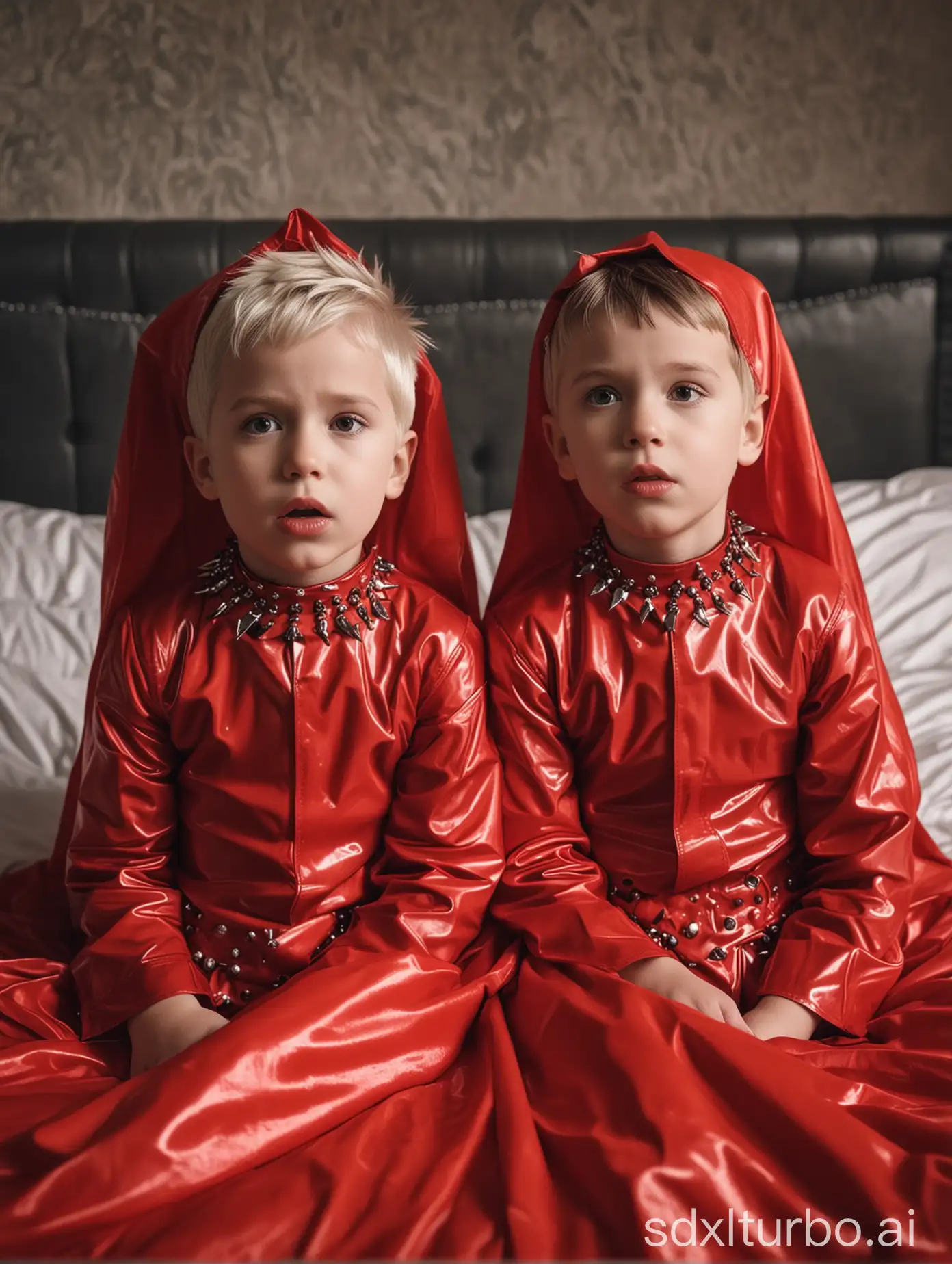 (((Gender role reversal))), 2 cute little boys are waking up in bed, they are tired and confused to find themselves wearing a bunch of red latex dresses and veils, choker necklaces with spikes on, short smart hair, they are looking down at their clothes