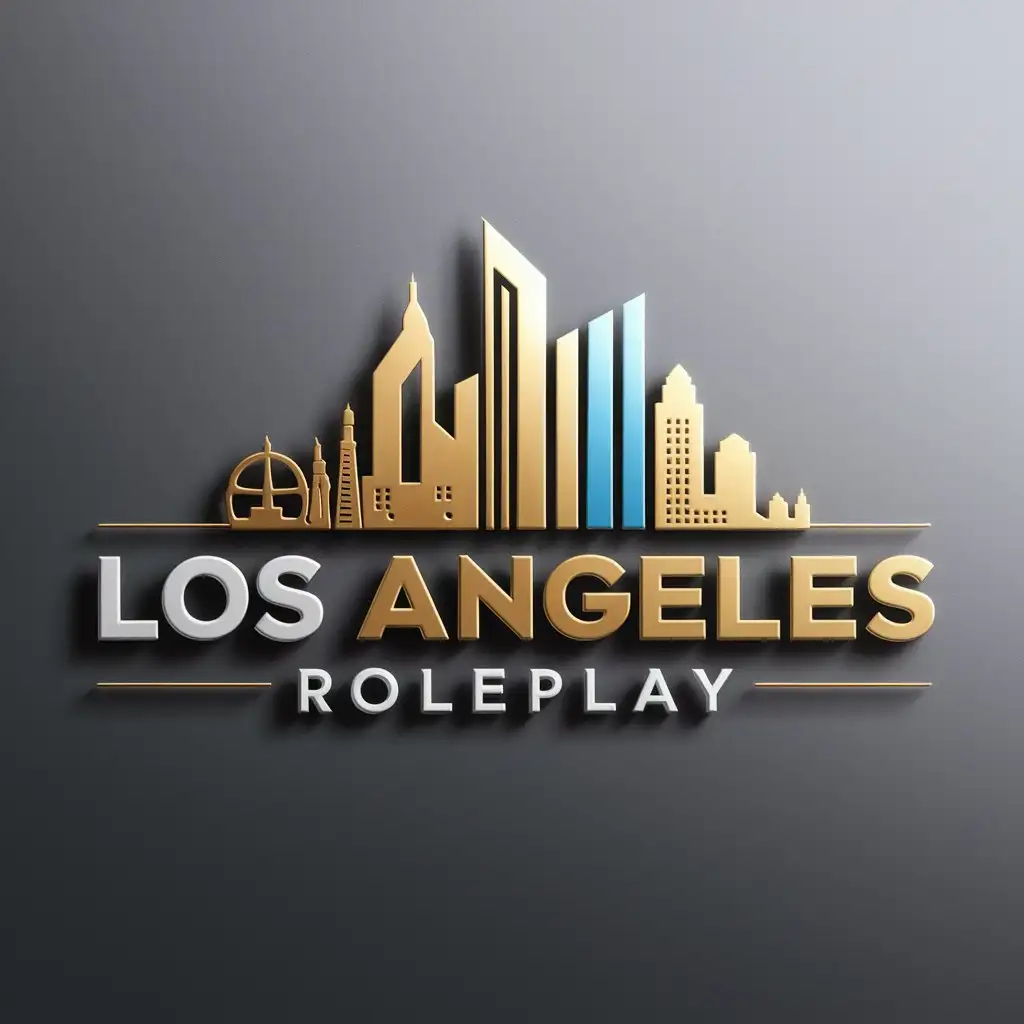 LOGO-Design-for-Los-Angeles-Roleplay-Downtown-Vibe-in-Gold-Blue-and-White-on-a-Grey-Background