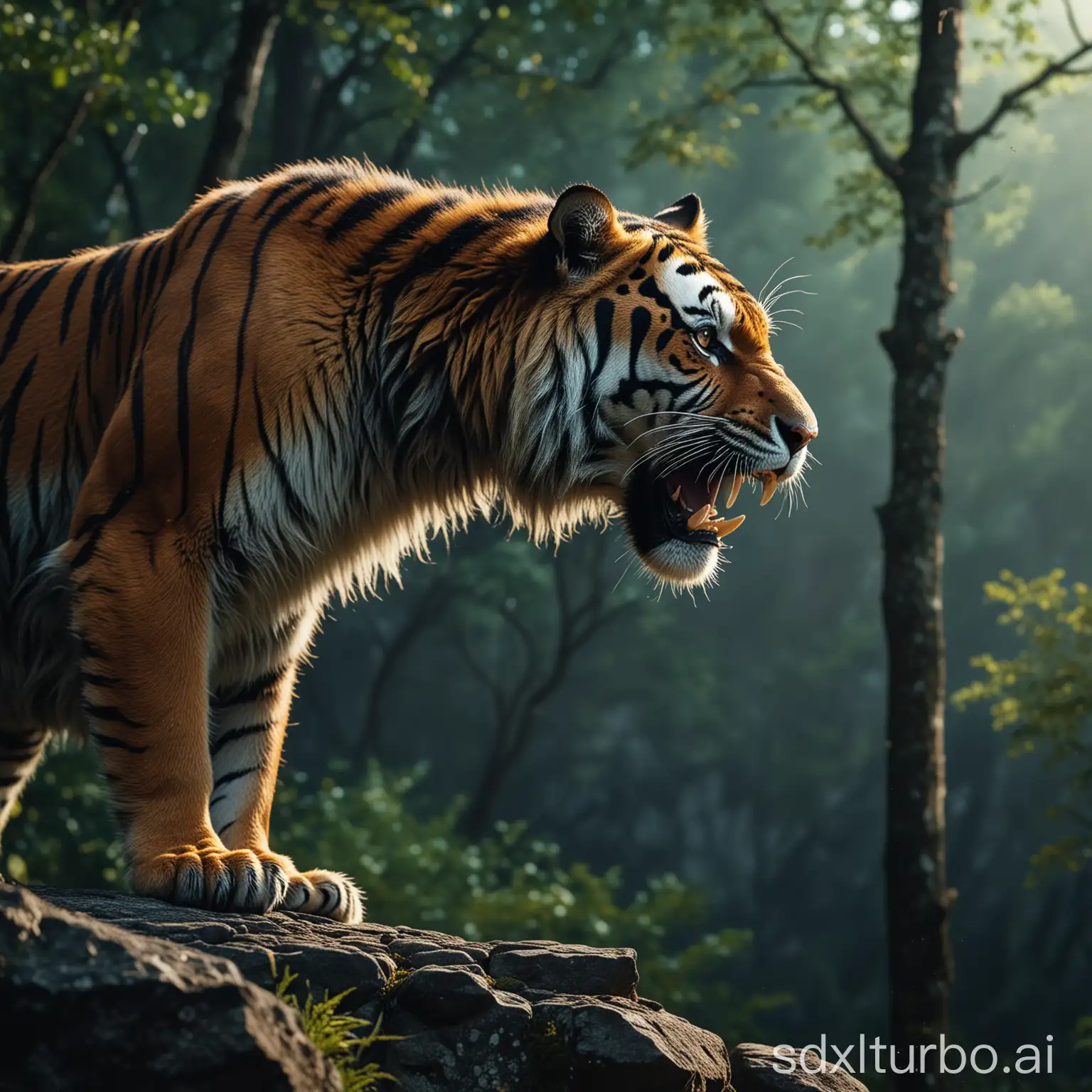 cinematic film still nature shot with wide shot of a dark, 
a furious tiger stands on a high rocky cliff of a wild forest, in the position of the hunter, growls opening the mouth, proudly raising his head, (full body:1.1), (distant:1.1), wide format, (side view:1.2), full shot, full body, cinematic film still nature shot with wide shot of a dark, nightfall, dimmly lit, intense gaze,tension, perfect composition, masterpiece, best quality, natural light, fresh,vivid contrast, vivid color, hyperrealistic art cinematic film still photography in the style of detailed hyperrealism photoshoot, RAW, color graded portra 400 film, remarkable color, realistic dull skin noise, thorough, analog style,highest quality,skin pores, sharp focus,dappled lighting,film grain,photographed on a Sony A7R IV, 18mm F/1.7 cine lens, (highly detailed, intricately detailed), 8k, HDR, shallow depth of field, vignette, highly detailed, high budget, bokeh, cinemascope, moody, epic, gorgeous, film grain, grainy, photorealistic, ultra detailed, ultra quality