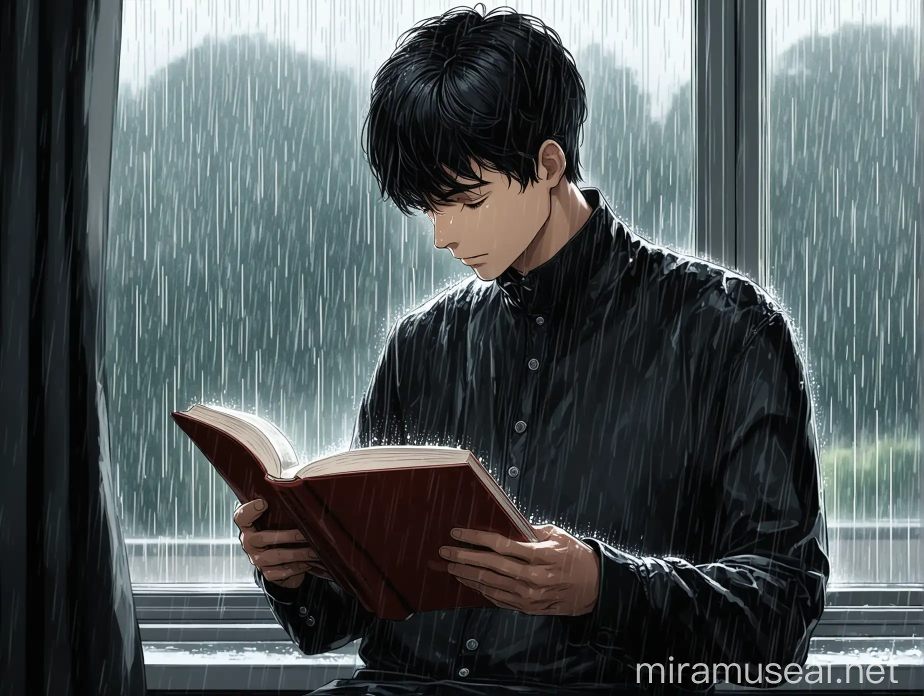 一位身穿现在服饰的男性，一头黑色短发，在窗边读书，窗外下着雨