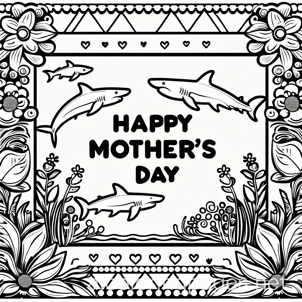 card that says happy mothers day and has flowers and shark teeth fossils, Coloring Page, black and white, line art, white background, Simplicity, Ample White Space. The background of the coloring page is plain white to make it easy for young children to color within the lines. The outlines of all the subjects are easy to distinguish, making it simple for kids to color without too much difficulty