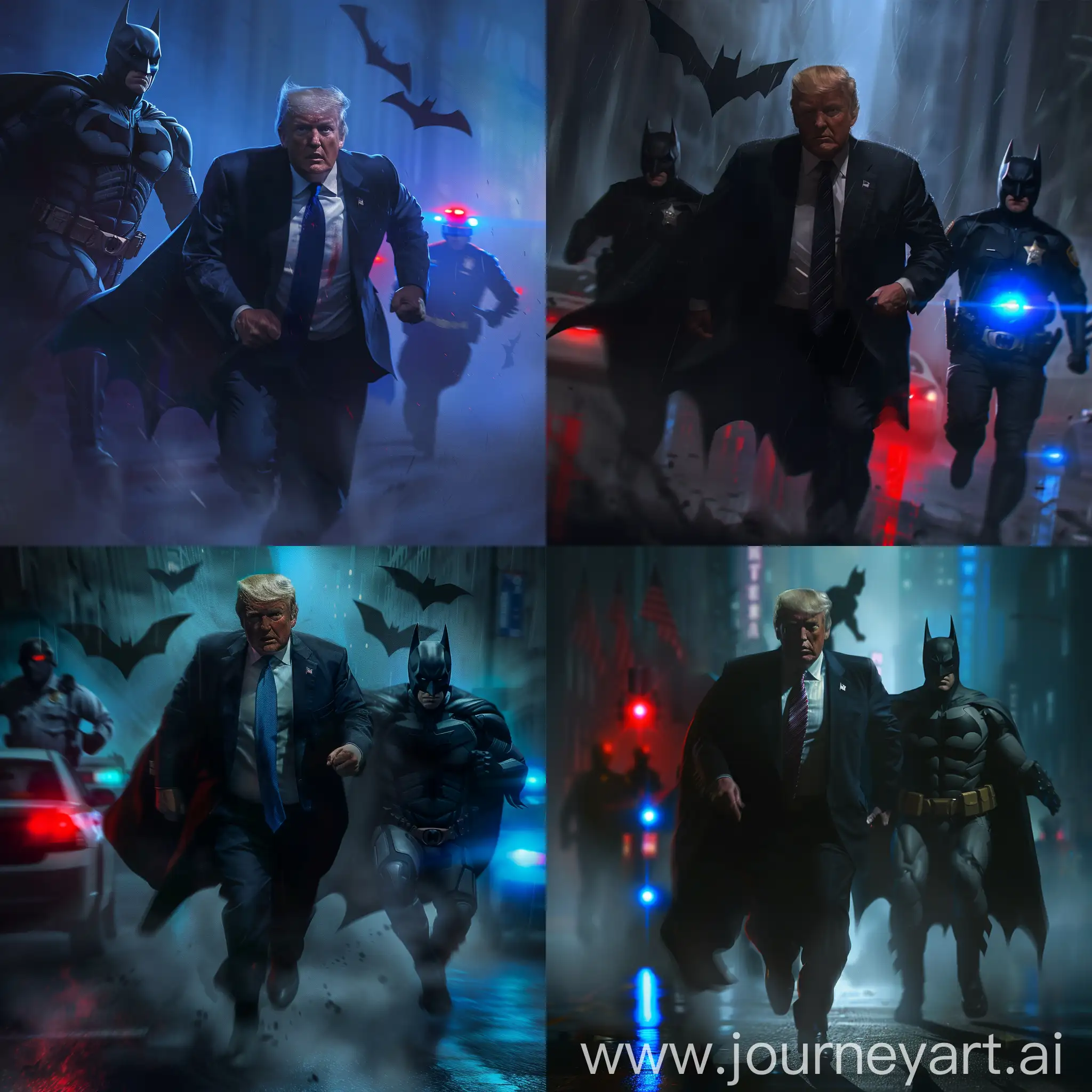 He is a well-known politician and entrepreneur who served as the President of the United States and was famous in the business world and television before that. He is known for his controversial views and direct behavior. On a dark and foggy night, he is running from the police and Batman. The terrifying shadows of Batman and the blue and red lights of the police are closing in on him. His sole aim is to escape from his relentless pursuers, and his past policies no longer matter.