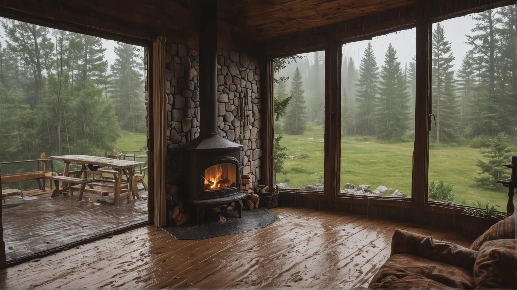 Cozy Cabin with Fireplace and Rainy Window Scene