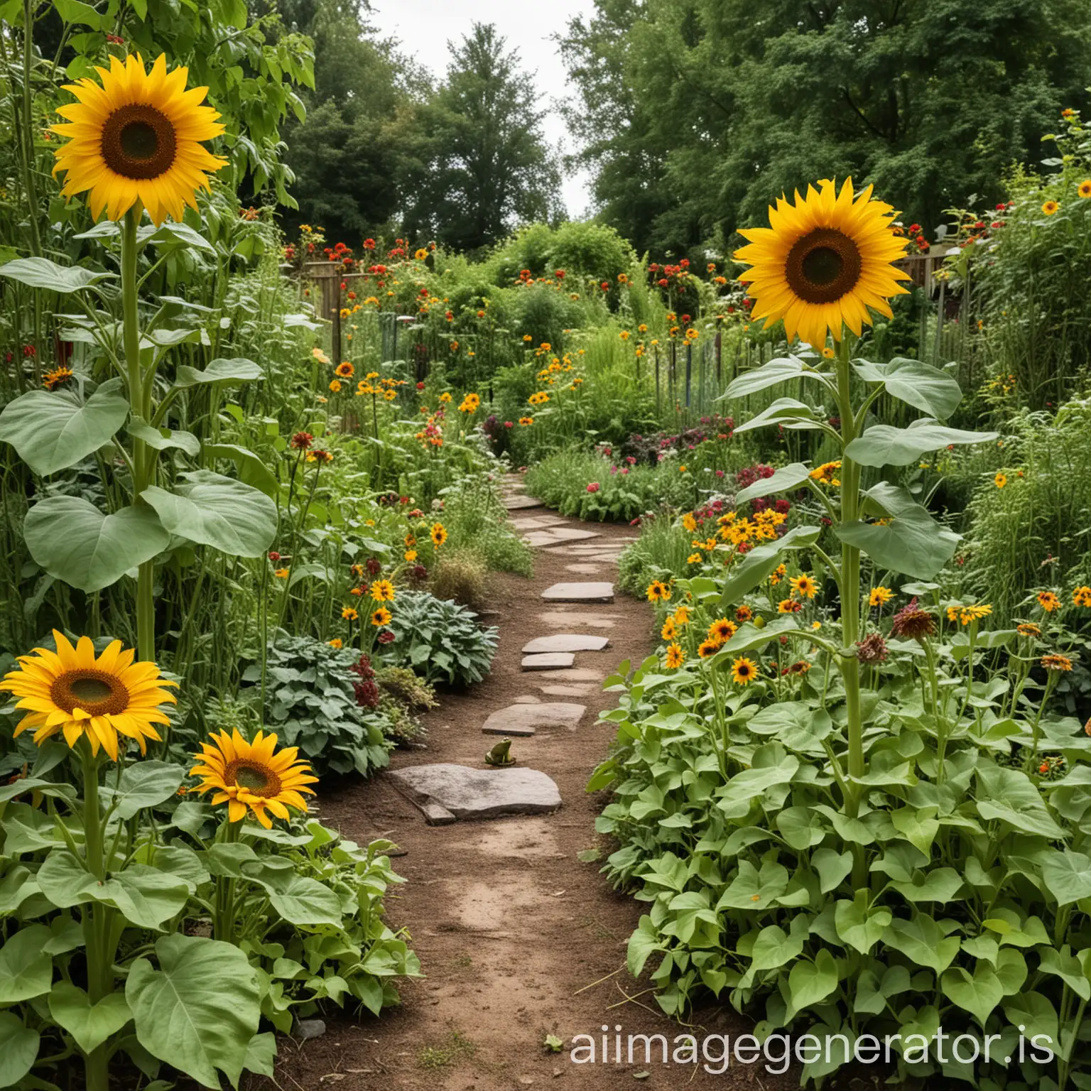 Whimsical-Garden-Scene-with-Playful-Frog-Vibrant-Sunflowers-and-Lush-Plants