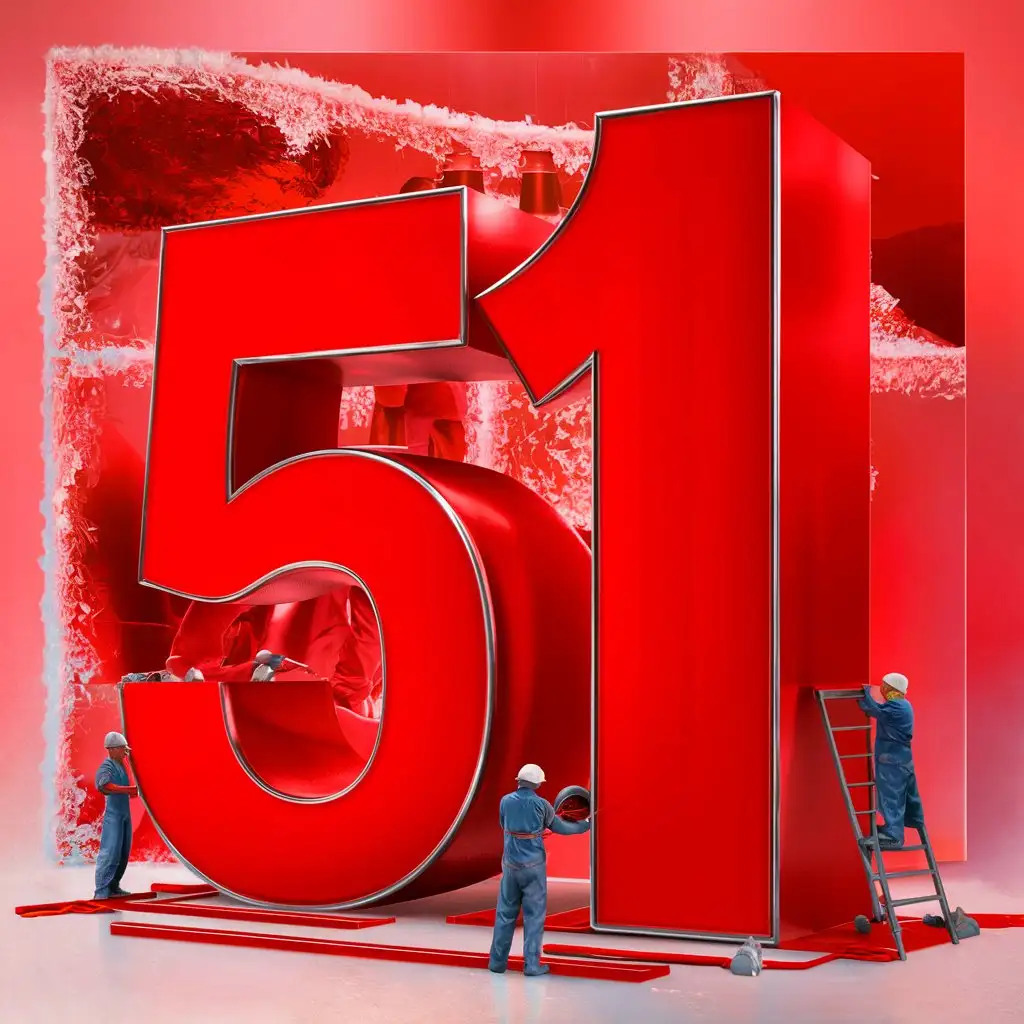 Masterpiece, high quality, the main body of the picture is a huge 3D red number "51", the workers are working, and the frosted red background,