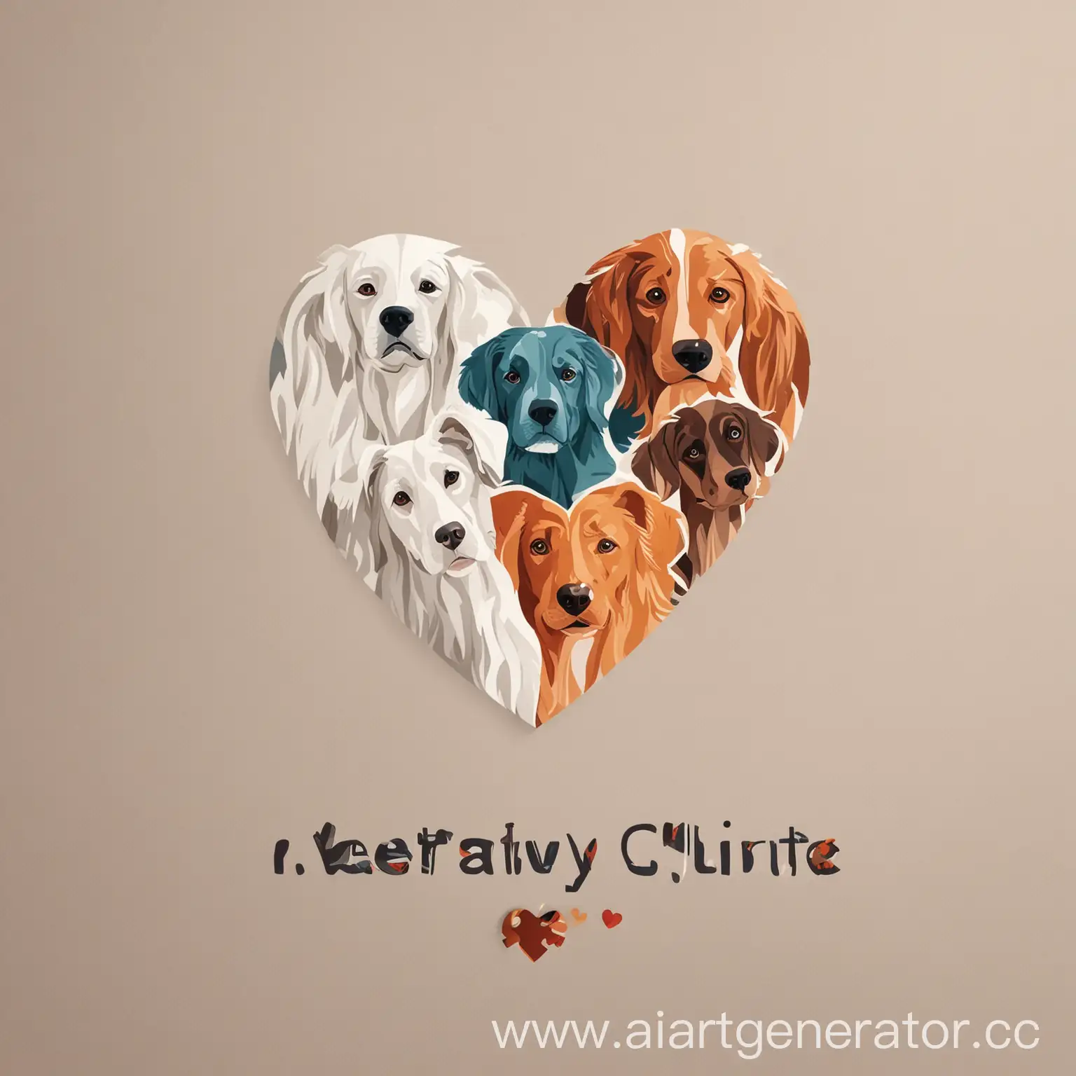 иллюстративный логотип для ветеринарной клиники в виде сердца, которое состоит из пяти собак. как пазл. в стиле минимализм