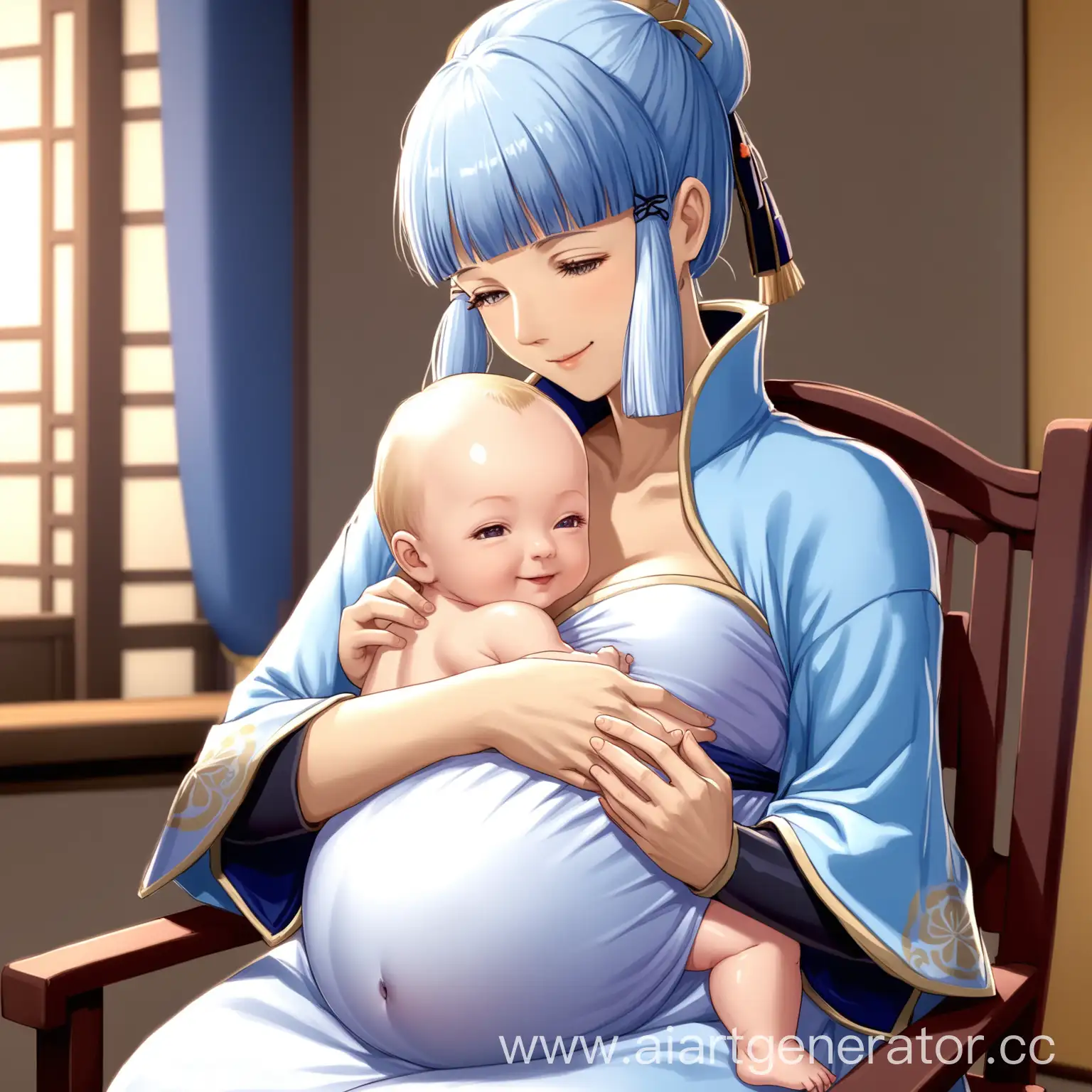 Камисато аяка из геншин импакт, беременная, сидит на стуле в красивом белом платье, на руках младенец, младенец кормится грудью, одна грудь голая, над ней склонился мужчина с свето- голубыми волосами, улыбается, смотрит на аяку