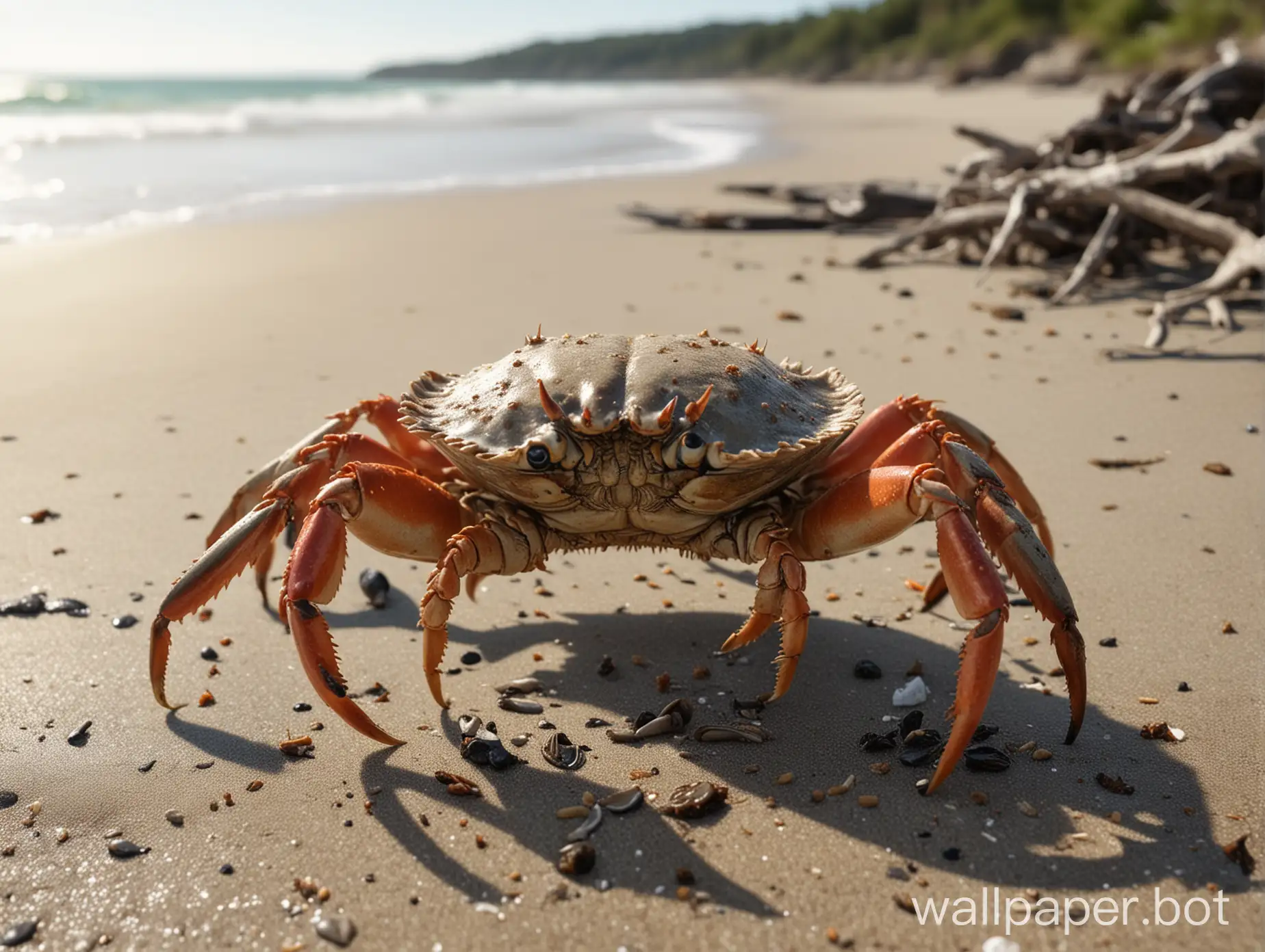 Close up of a crab walking along a deserted beach. The ocean gently washes to shore in the background. The beach is littered with some seaweed and a piece of driftwood. sharp image, high definition, realistic,
