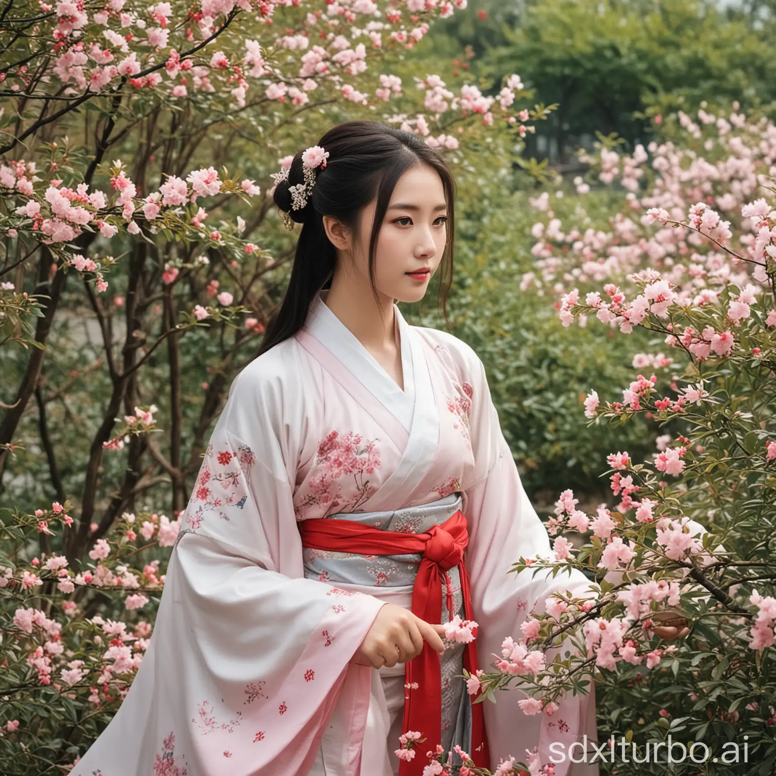 The Hanfu girl in the flower bushes.