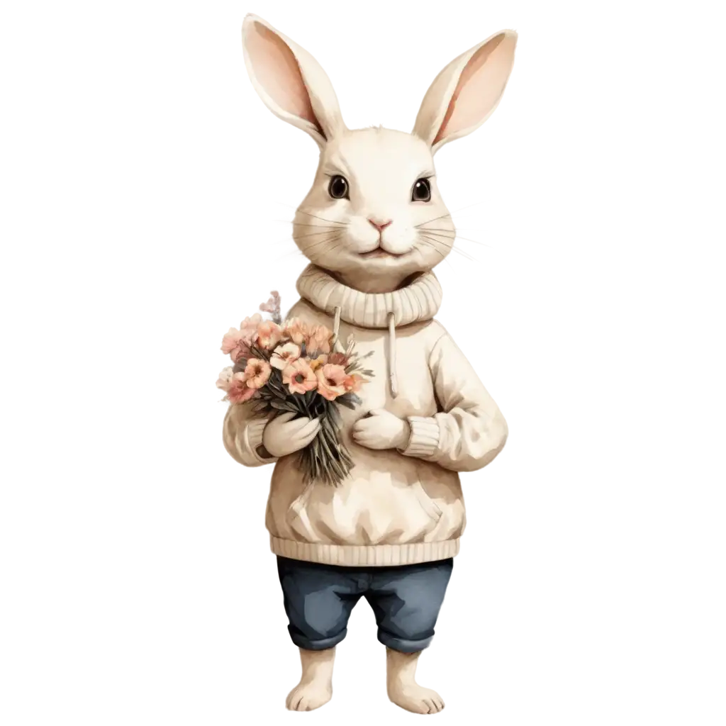 Chic-Illustration-of-Rabbit-in-Sweater-Holding-Flowers-PNG-Image-with-Dark-White-and-Light-Beige-Tones