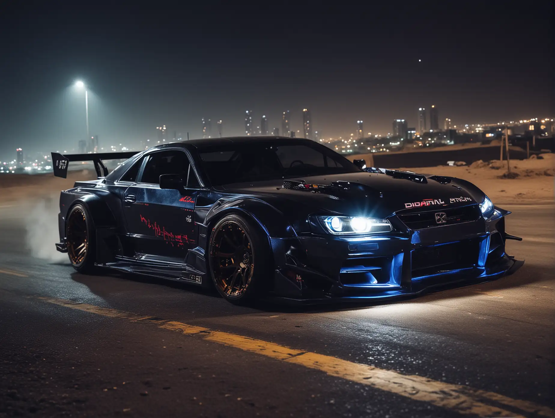 Create futuristic Japanese drifting cars, evil turning type, Downhill in dubai drifting at night, rear view far away, car color darkest black, car lights Dark Indigo