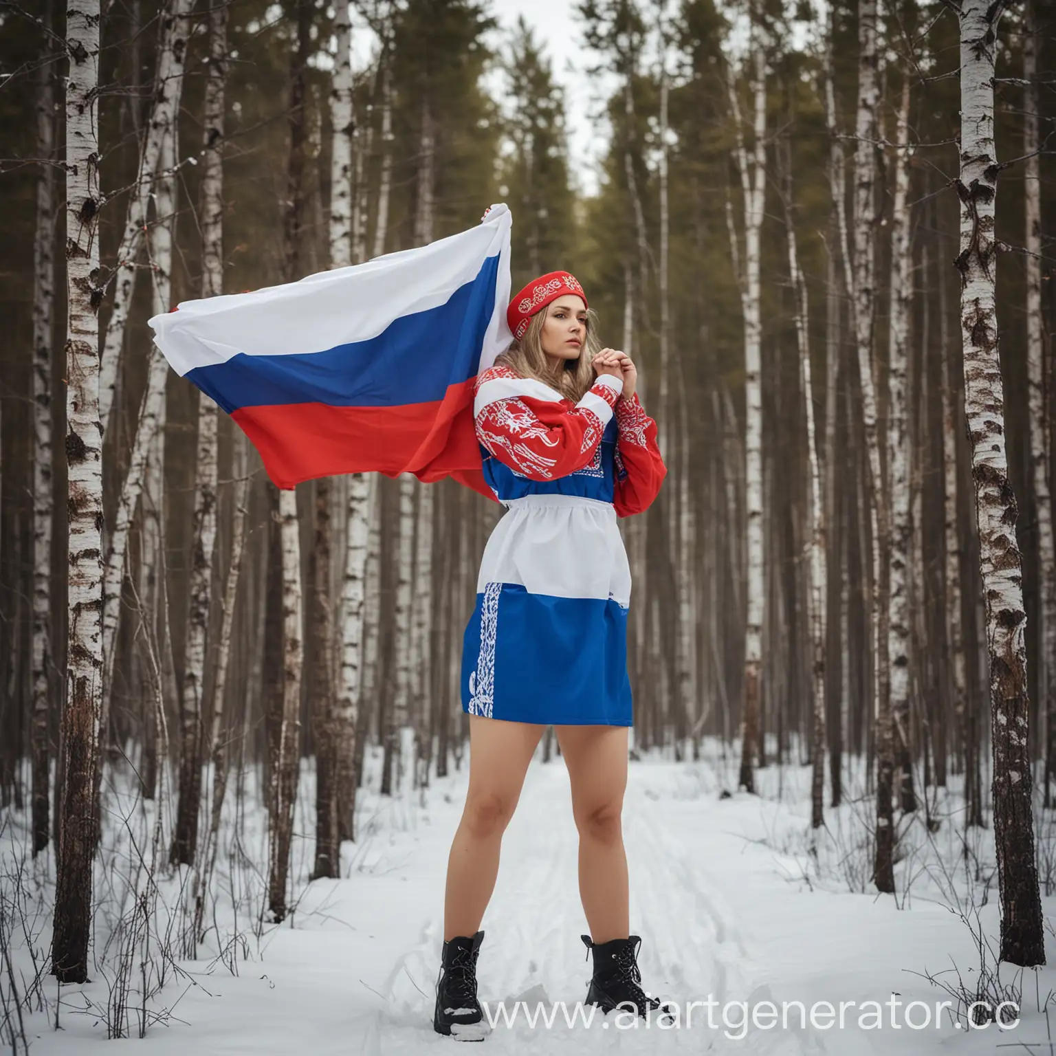 Женщина, которая олицетворяет Россию, на фоне тайга, сама женщина одета в простой наряд цвета флага России
