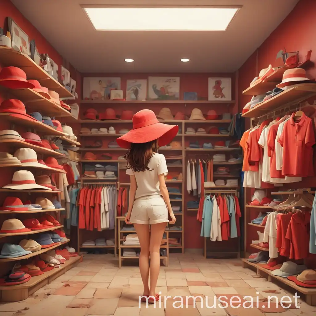 Red Beach Hat for Sale in a Charming Clothes Shop Vibrant 2D Cartoon Illustration