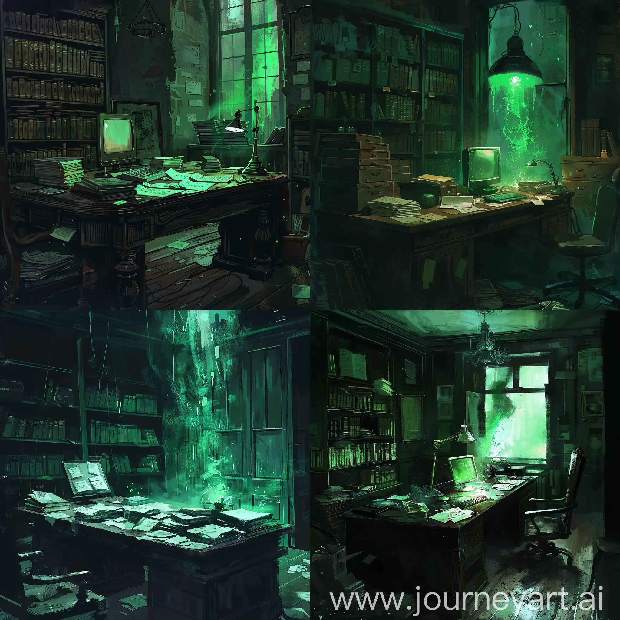 Draw a gloomy dark office of a bank clerk, a massive table made of dark wood is littered with folders with documents, an ominous green light is pouring from the computer monitor on the table, in style of Beatrix Potter