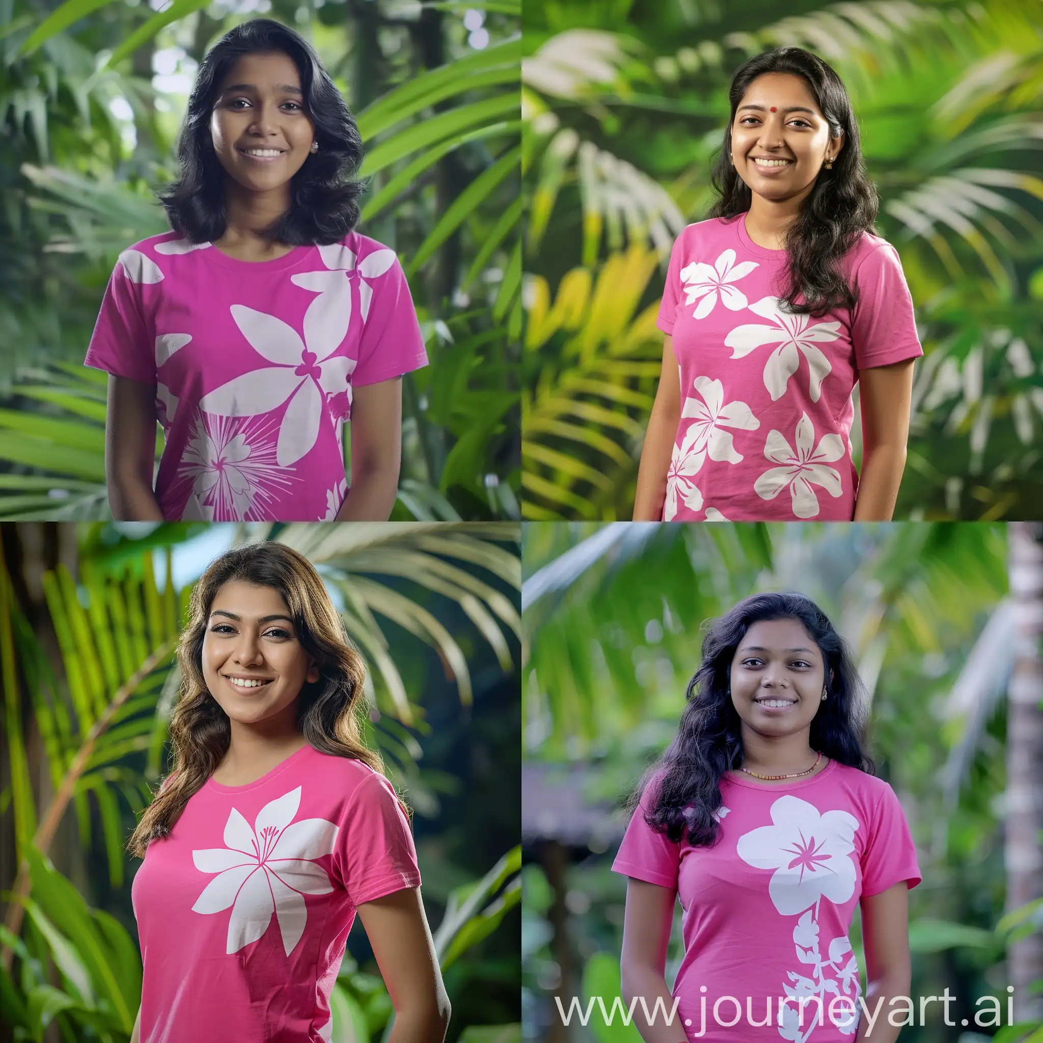 A still photo of an enchanting  Malayali 18 year old healthy very beautiful, cute and curvy teenage woman in a modern pink and white flower t shirt, smiling, high-definition, creative angle, hyperrealistic 4K resolution, tropical jungle background, waist shot