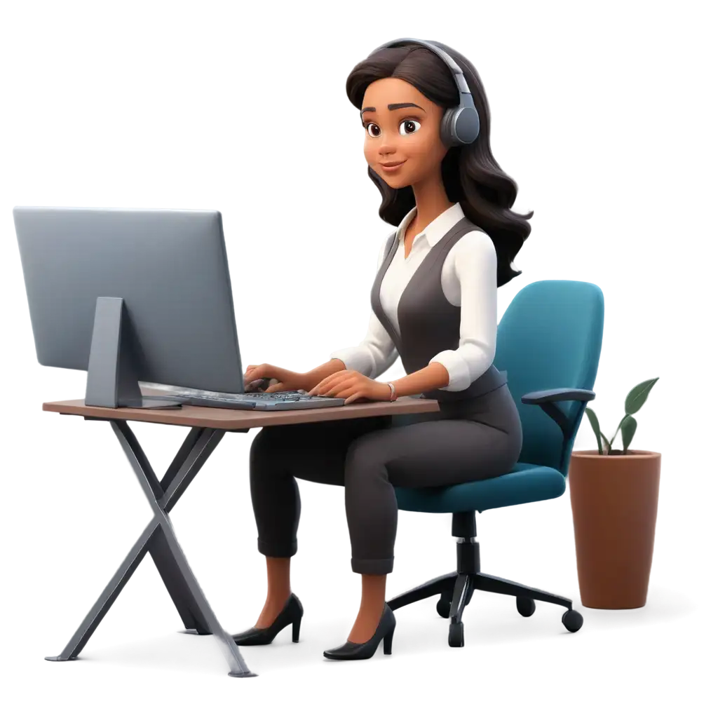 Cartoon-Virtual-Assistant-PNG-Image-Working-at-Her-Computer
