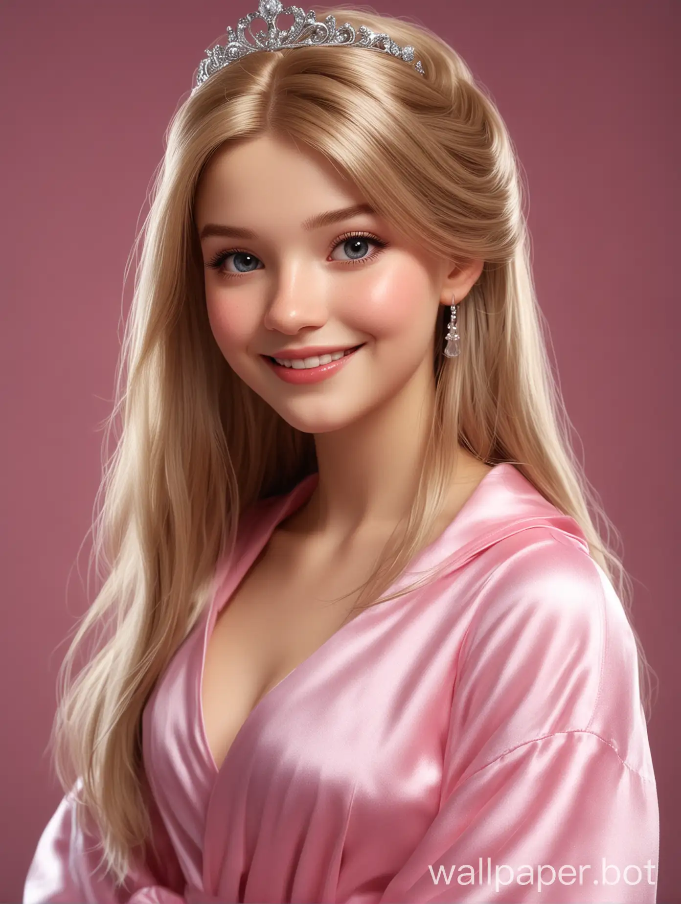 Realistic cutie Cinderella with long straight hair in a pink silk robe smiles