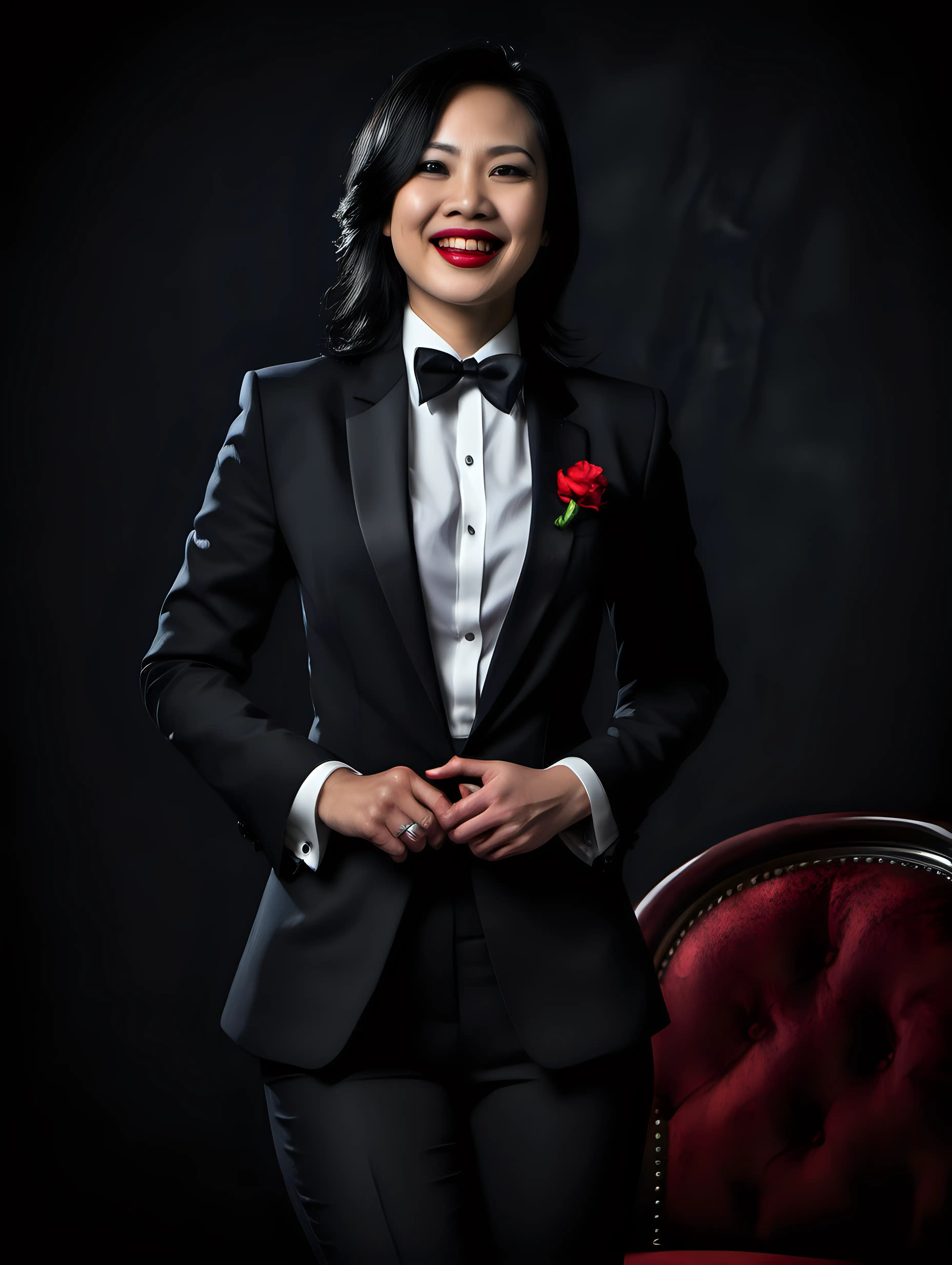 A portrait of a pretty 35 year old Vietnamese woman with shoulder length black hair and red lipstick is sitting in a chair in a dark room. She is facing forward. She is smiling and joyful and ecstatic. She is wearing a tuxedo. (Her jacket is open and not buttoned.) (Her pants are black.) Her shirt is white with a black bow tie. Her cufflinks are large and black. Her jacket is unbuttoned and has a corsage.