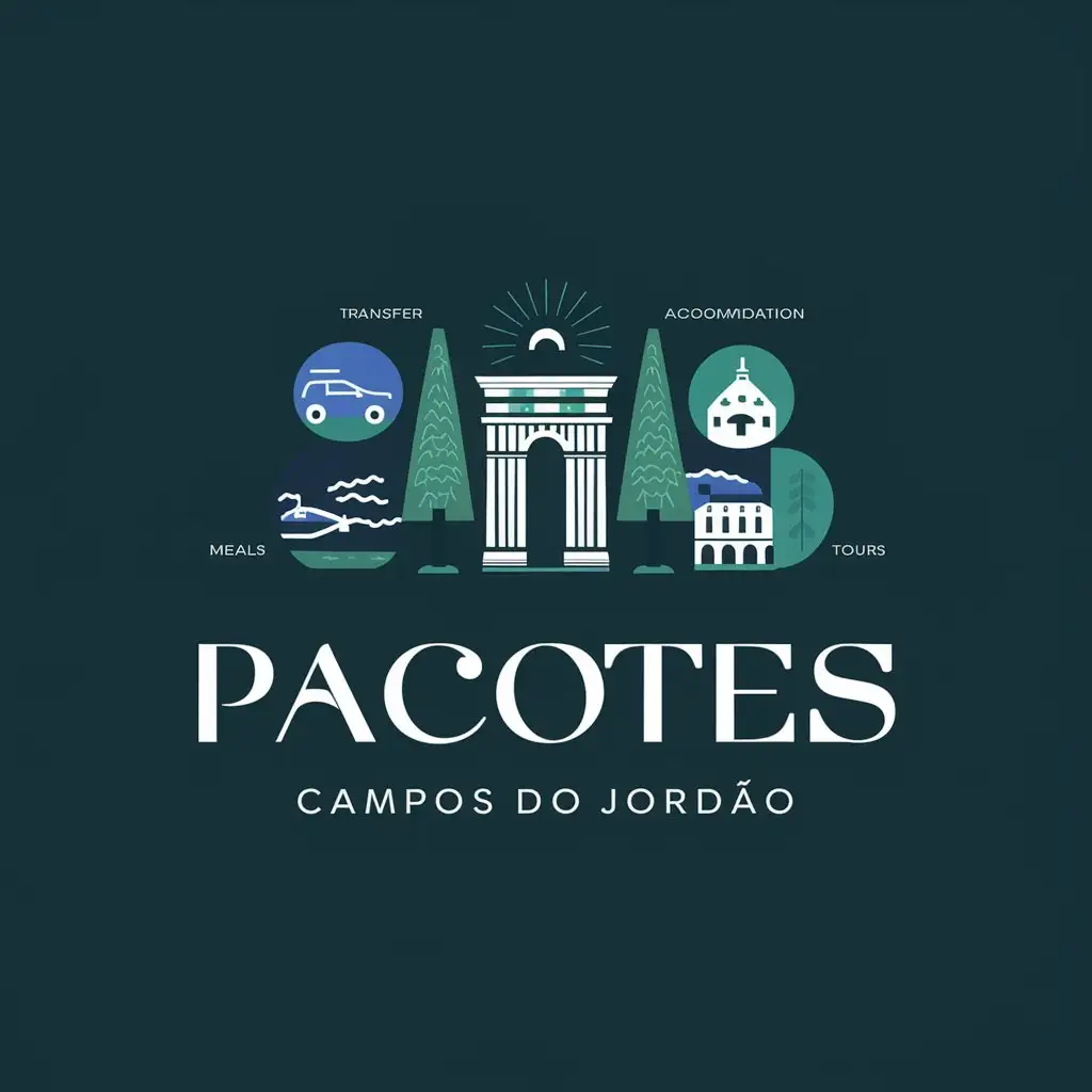 /imagine Create a logo using only icons for a travel package agency called 'Pacotes Campos do Jordão,' which offers transfer, accommodation, meals, and tours. The logo should convey a sense of luxury, comfort, and adventure. Highlight typical elements of Campos do Jordão such as European architecture, the city's iconic portal, and araucárias (native pine trees). Use a color palette that evokes the cold climate of the region, with shades of blue, green, and white. Incorporate icons that represent transfer, accommodation, meals, and tours. Ensure the design is modern, clean, and sophisticated, focusing on a cohesive and appealing visual representation using only icons.