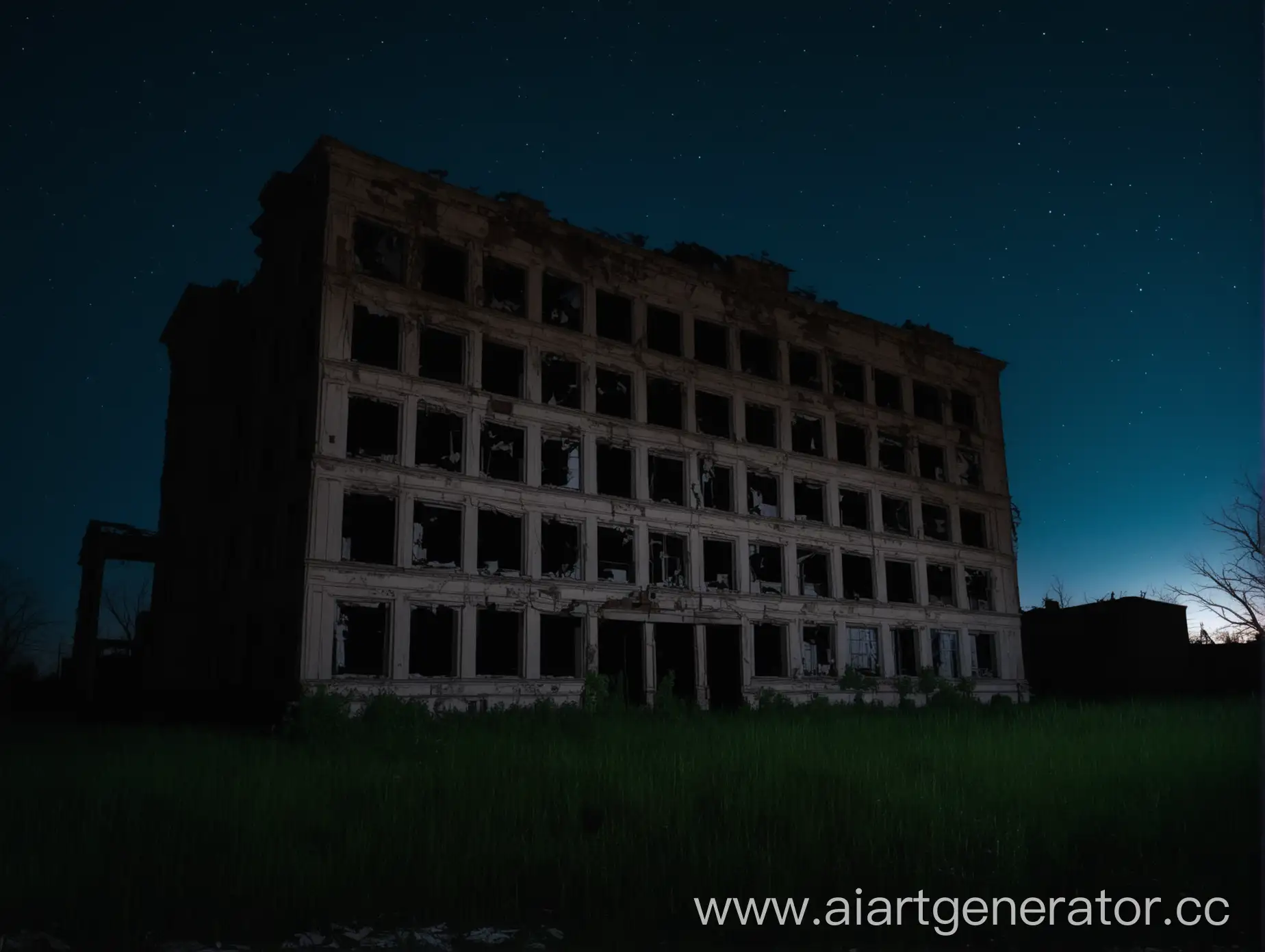 An abandoned building at night