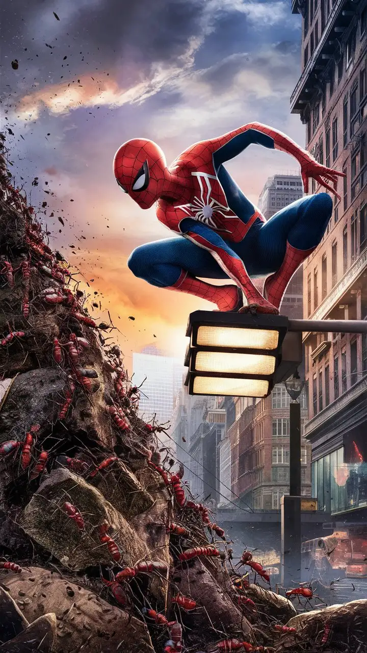 Spider-Man perched on a streetlight, looking down at a massive swarm of ants gathering debris into a pile.