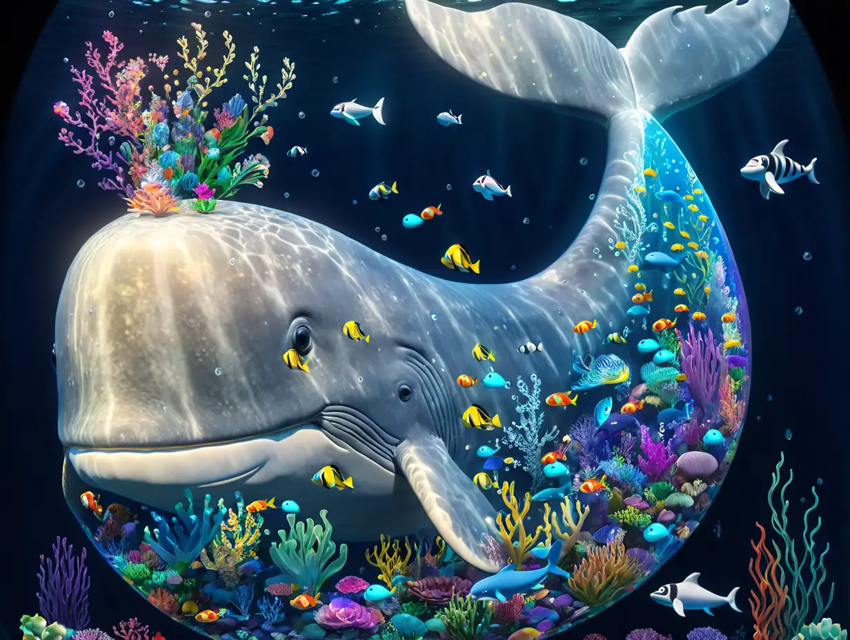 Magical Crystal Whale at the Bottom of the Sea with Vibrant Flowers and Colorful Fish