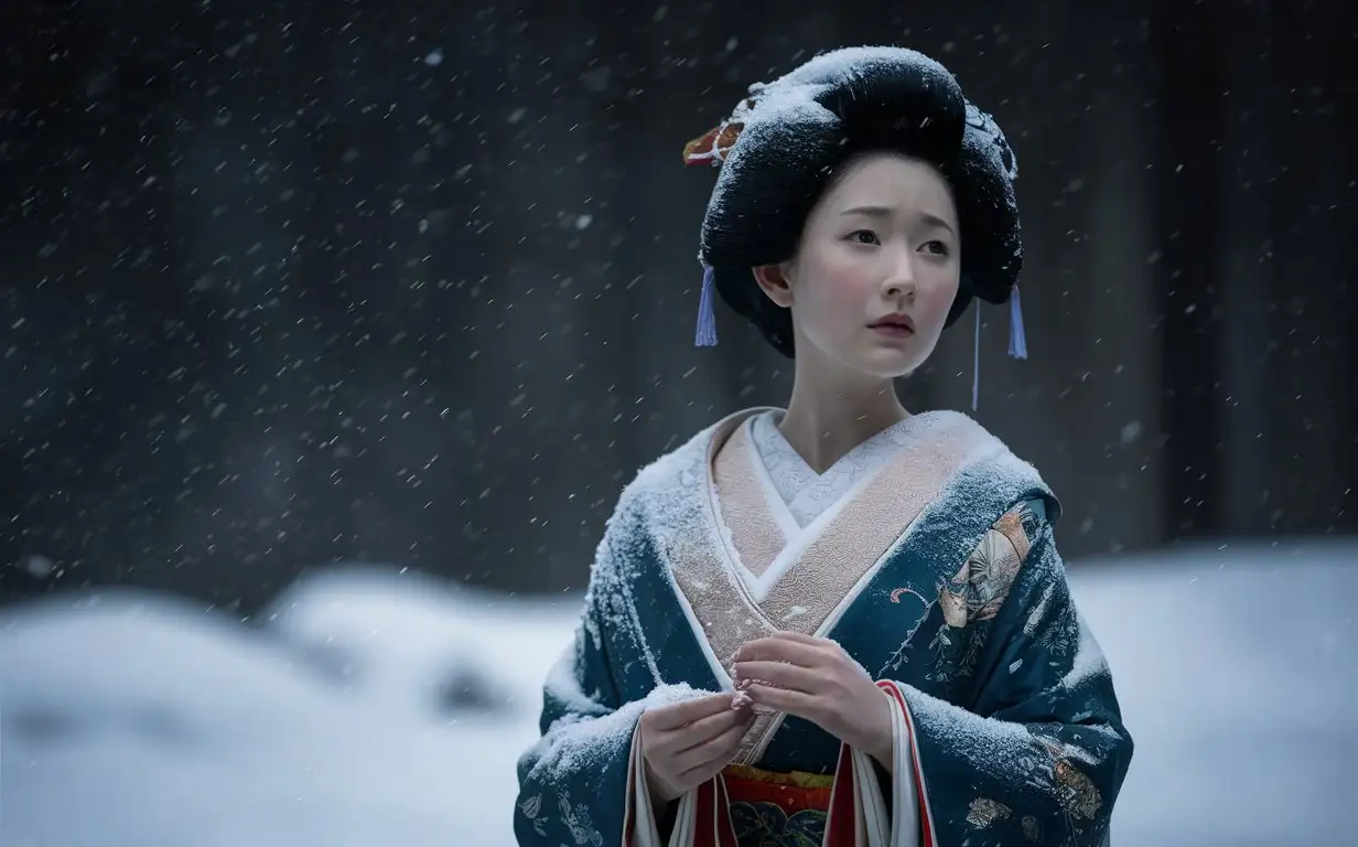 (8k, best quality, masterpiece, ultra highres:1.2) Photo of Pretty Japanese woman in the (style of paul rubens and rebecca guay:1.1) (melancholy winter snow:1.4)
