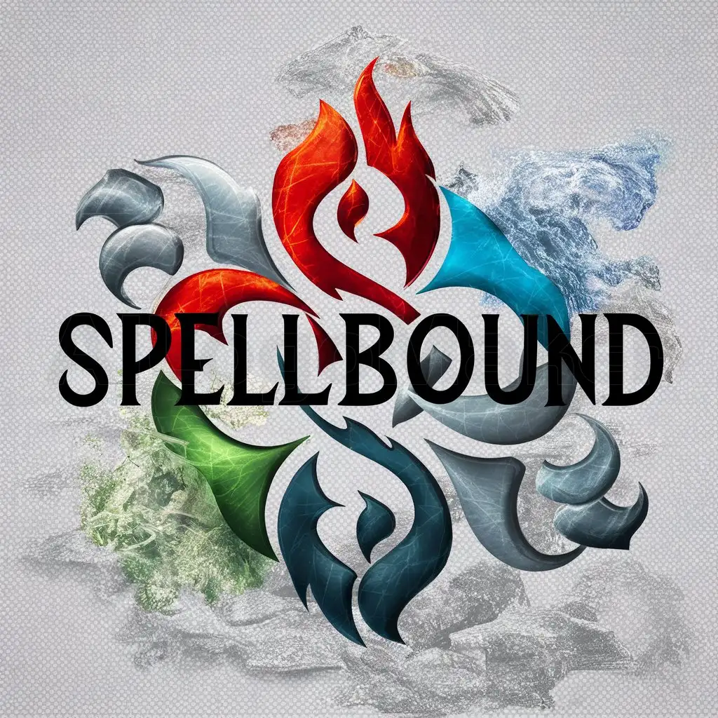a logo design,with the text "Spellbound", main symbol:4 elements intertwined: fire (red color), water (blue color), earth (green color), air (grey color),complex,clear background