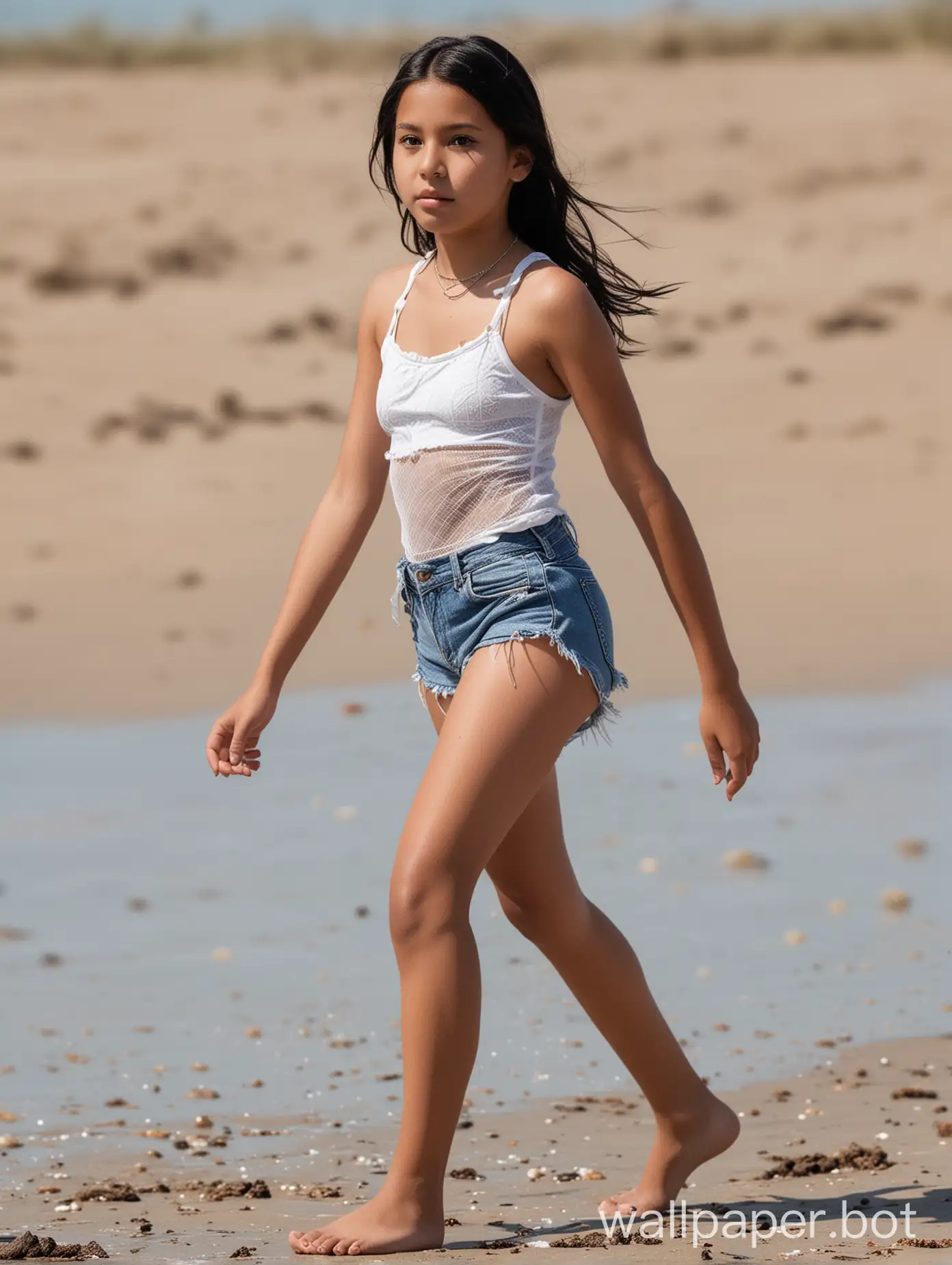 14 year old native American girl black hair black eyes with small breasts wearing denium shorts and white fishnet tank top walking on a beach 