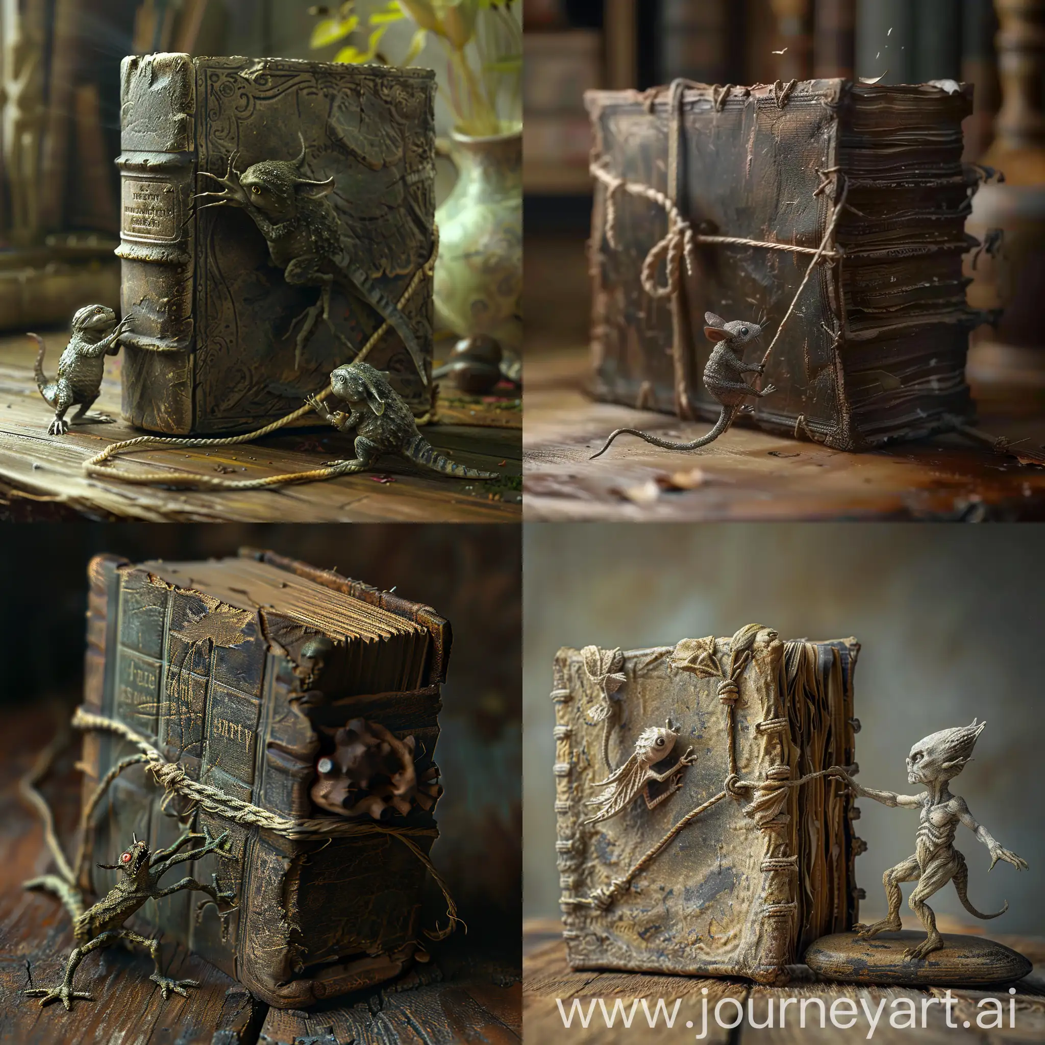 Detailed-Scene-of-Tiny-Creature-Opening-Old-LeatherBound-Book-on-Wooden-Table