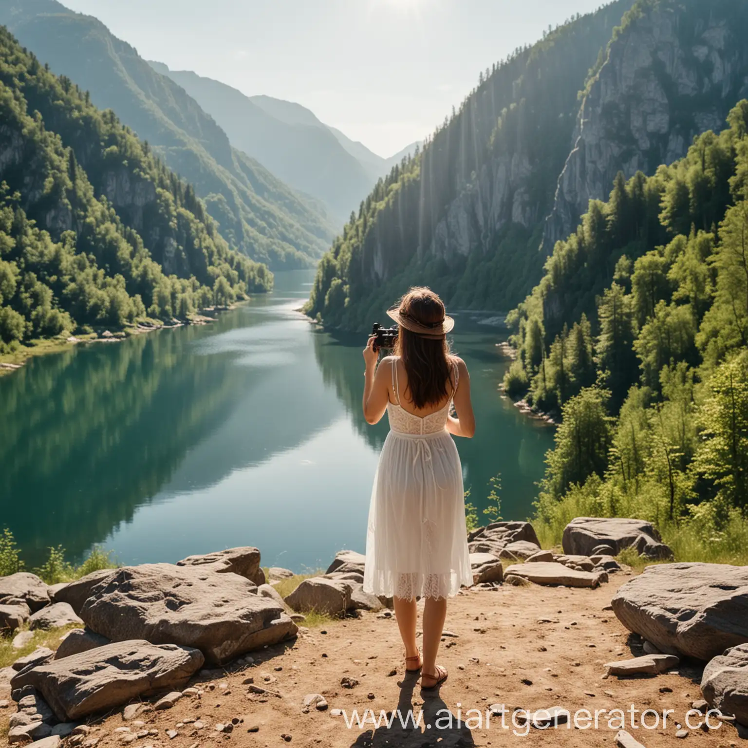 a girl with a camera, taking pictures of newlyweds who are holding hands and looking forward from the mountain to the lake in the mountains, sunny weather, summertime