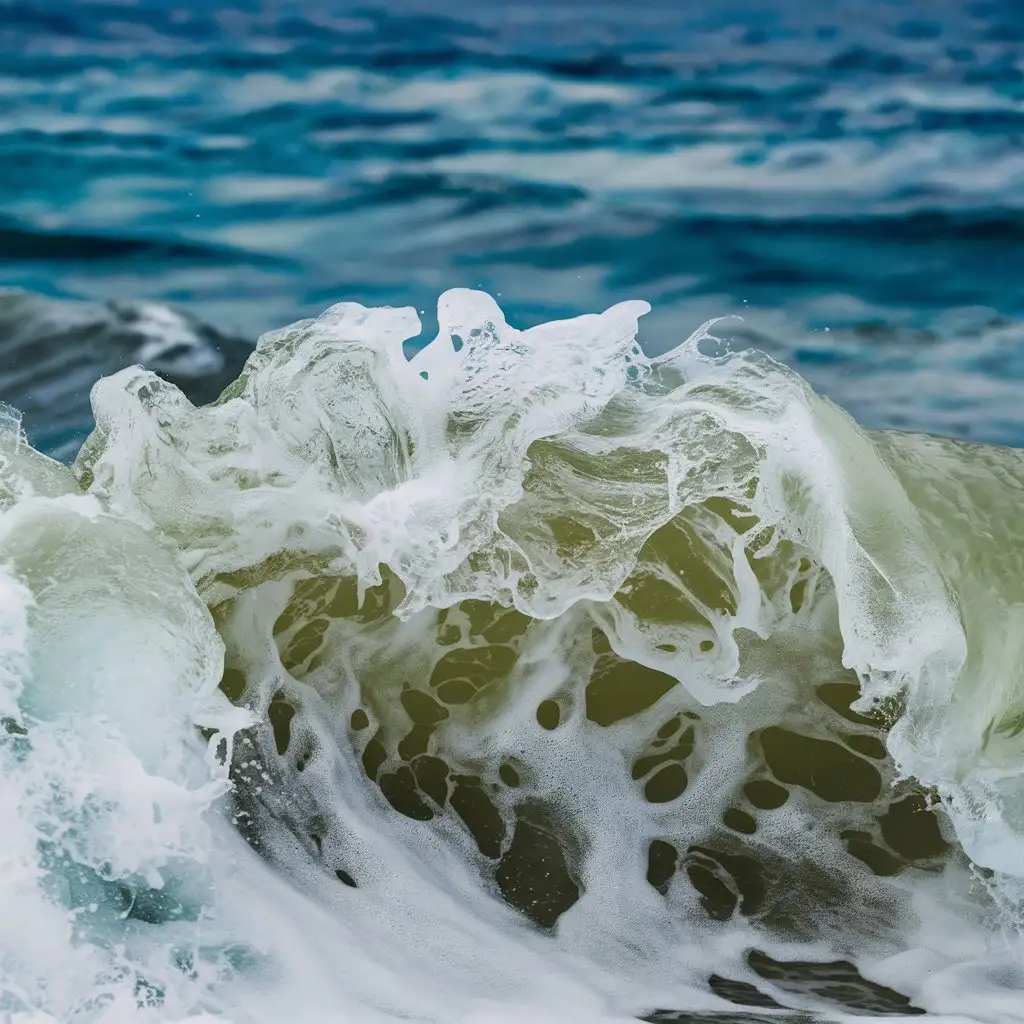 A photorealistic close-up of an ocean wave with crashing foam.