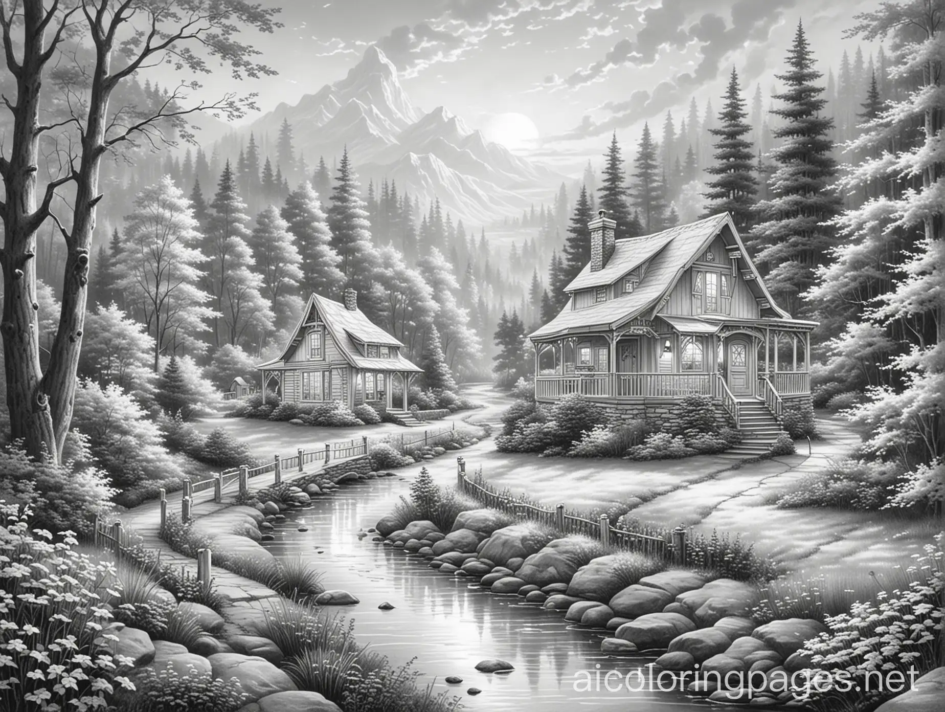 MAKE A PICTURE LIKE THOMAS KINKADE
, Coloring Page, black and white, line art, white background, Simplicity, Ample White Space. The background of the coloring page is plain white to make it easy for young children to color within the lines. The outlines of all the subjects are easy to distinguish, making it simple for kids to color without too much difficulty