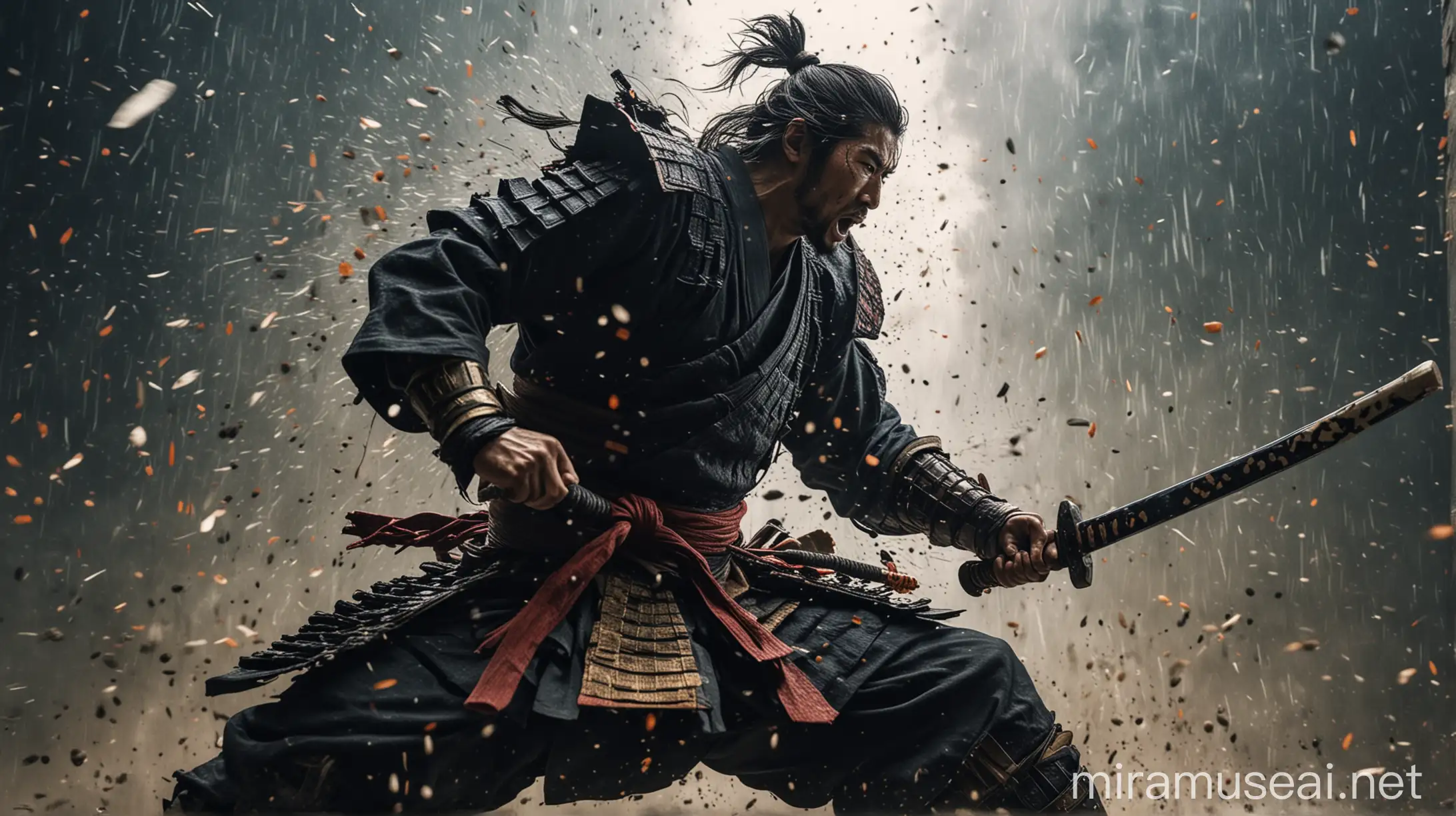 A samurai swings a powerful thunderous slash against his enemies with a close-up view from below