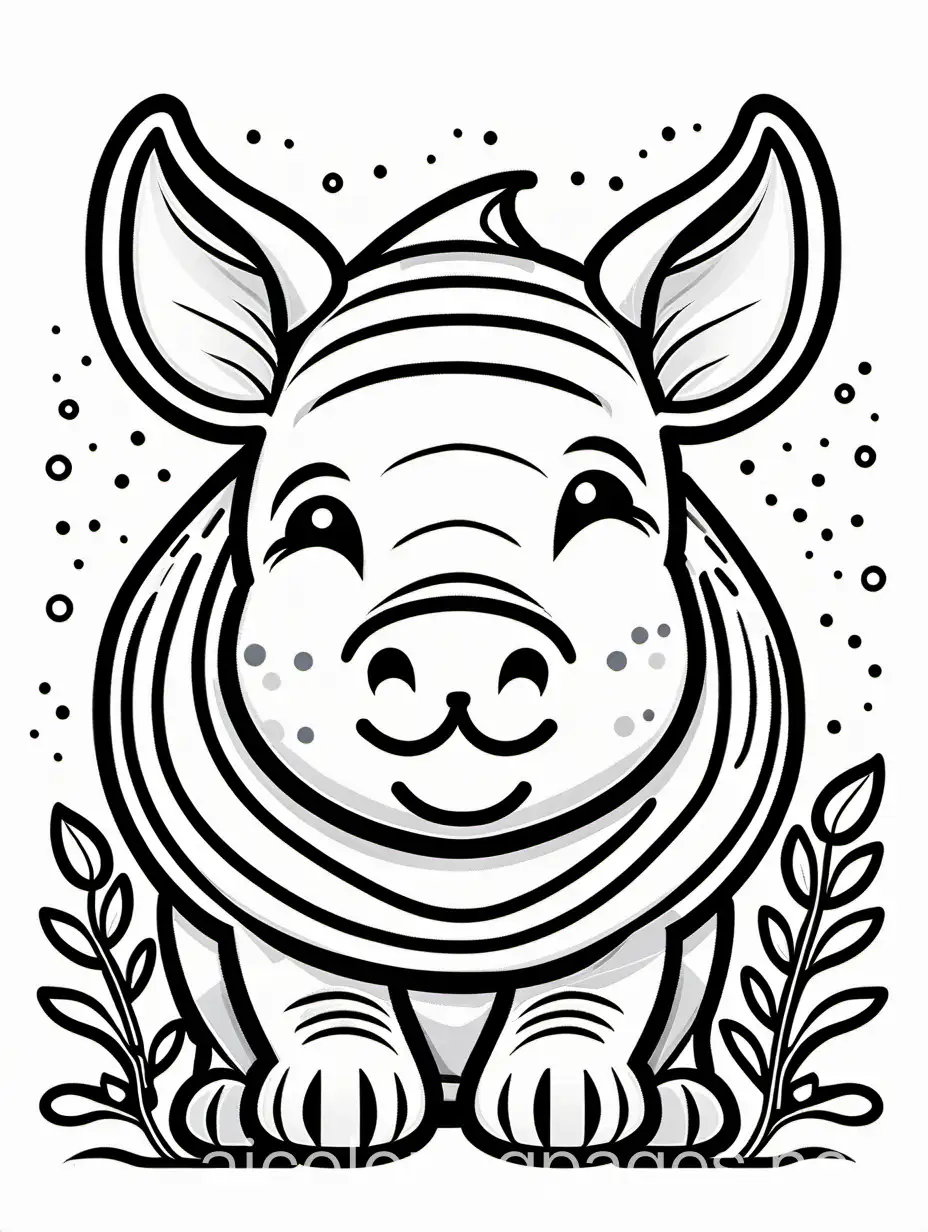 happy  rhino, thick lines, , Coloring Page, black and white, line art, white background, Simplicity, Ample White Space. The background of the coloring page is plain white to make it easy for young children to color within the lines. The outlines of all the subjects are easy to distinguish, making it simple for kids to color without too much difficulty