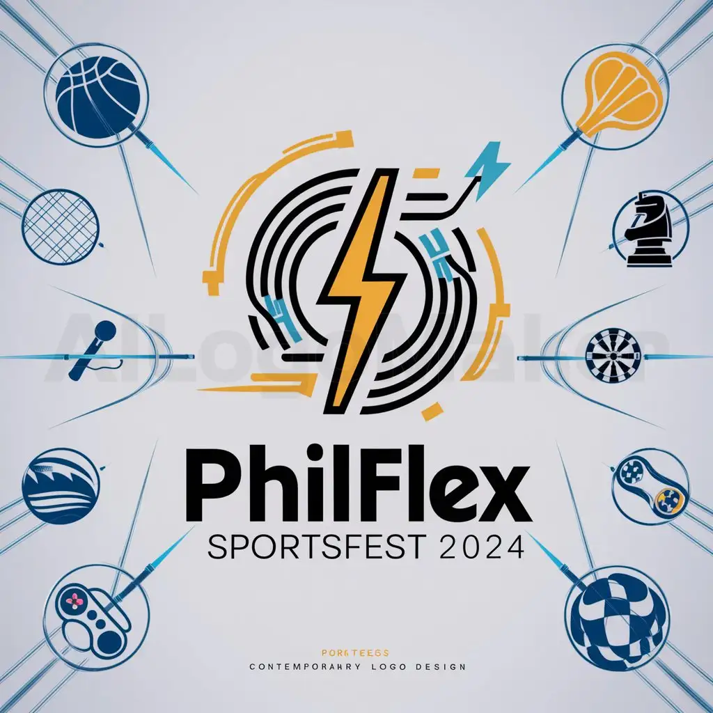 a logo design,with the text "PHILFLEX, SPORTSFEST 2024", main symbol:Wires and Cable with Lightning bolt, basketball, badminton, chess, dart and game controller.,complex,be used in SPORTS industry,clear background