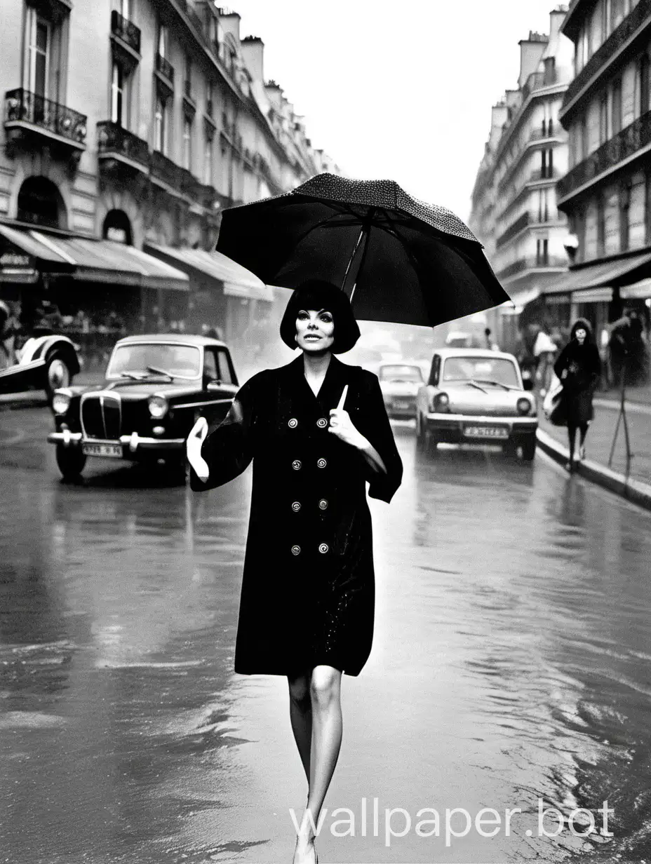 Мирей Матье девушка в полный рост в коротком чёрном платье идёт под дождём по улицам Парижа