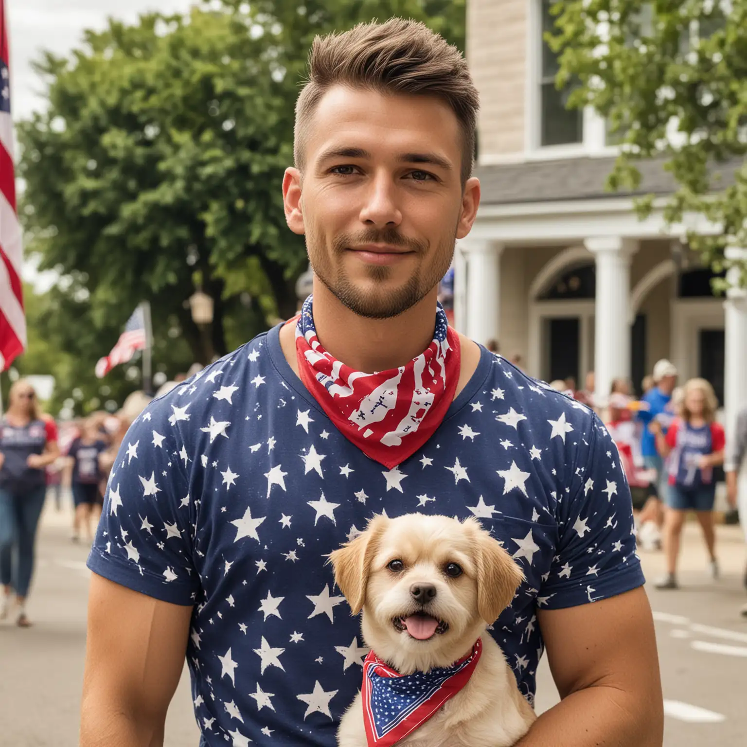 A handsome man dressed in a patriotic t-shirt,  with a dog with a flag bandana and a parade in the background