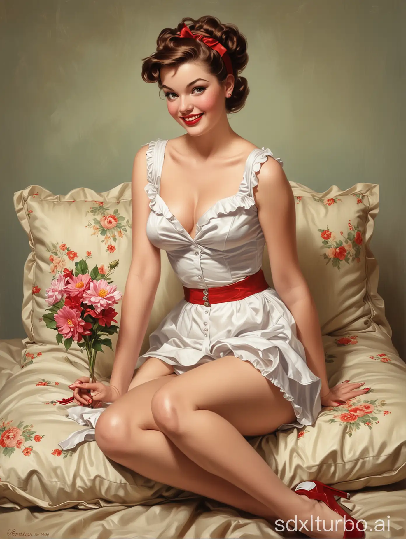 a painting of a woman sitting on a pillow, by Art Frahm, by Gil Elvgren, in the style of Gil Elvgren, by Joyce Ballantyne Brand, by artgerm and Gil Elvgren, by Andrew Loomis, pinup art, by Alberto Vargas, by Ernest Briggs, inspired by Gil Elvgren, by Rolf Armstrong, a pin-up poster girl, picking up a flower, with a smiling fashion model face, garters, a pencil painting, with a mischievous grin, on the front of a trading card, young lady, young woman looking up, pinup