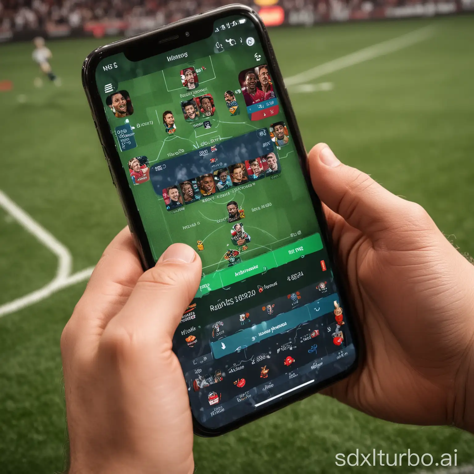 A close-up of a person's hand holding a mobile phone. The phone is showing a fantasy sports game screen with various players and statistics. The person is smiling and looks excited about the game.