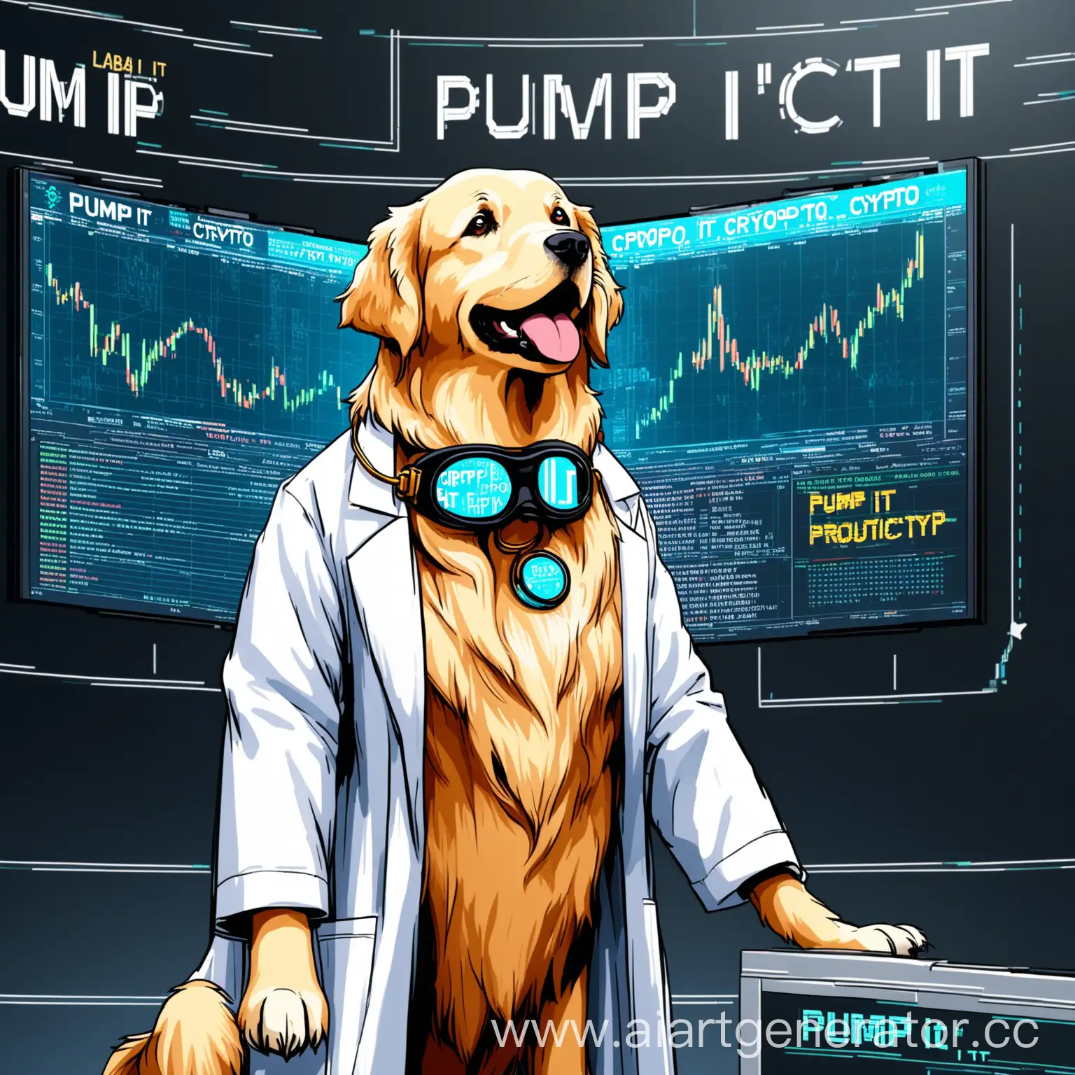 a golden retriver wearing lab coat and lab protect goggle, standing on the big trading screen ,text ''pump it'' , trading crypto, 