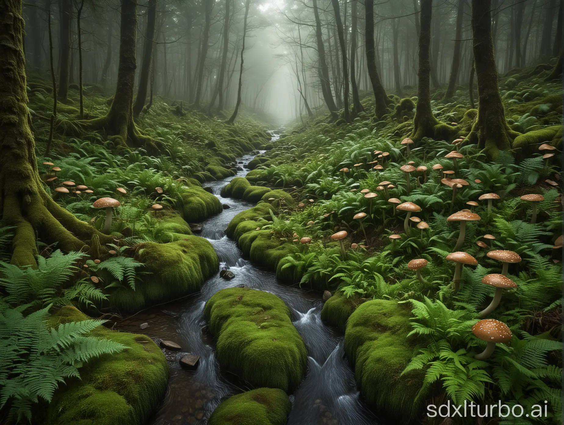 A mesmerizing dark fantasy scene of a serene forest, where mushrooms glow mysteriously amidst the thick green moss and ferns. The ground is blanketed in a soft mist, creating an ethereal ambiance. A gentle, meandering stream gracefully weaves through the scene. The overall atmosphere of the image exudes tranquility, harmony, and peace, transporting the viewer into a world of enchantment and wonder., dark fantasy