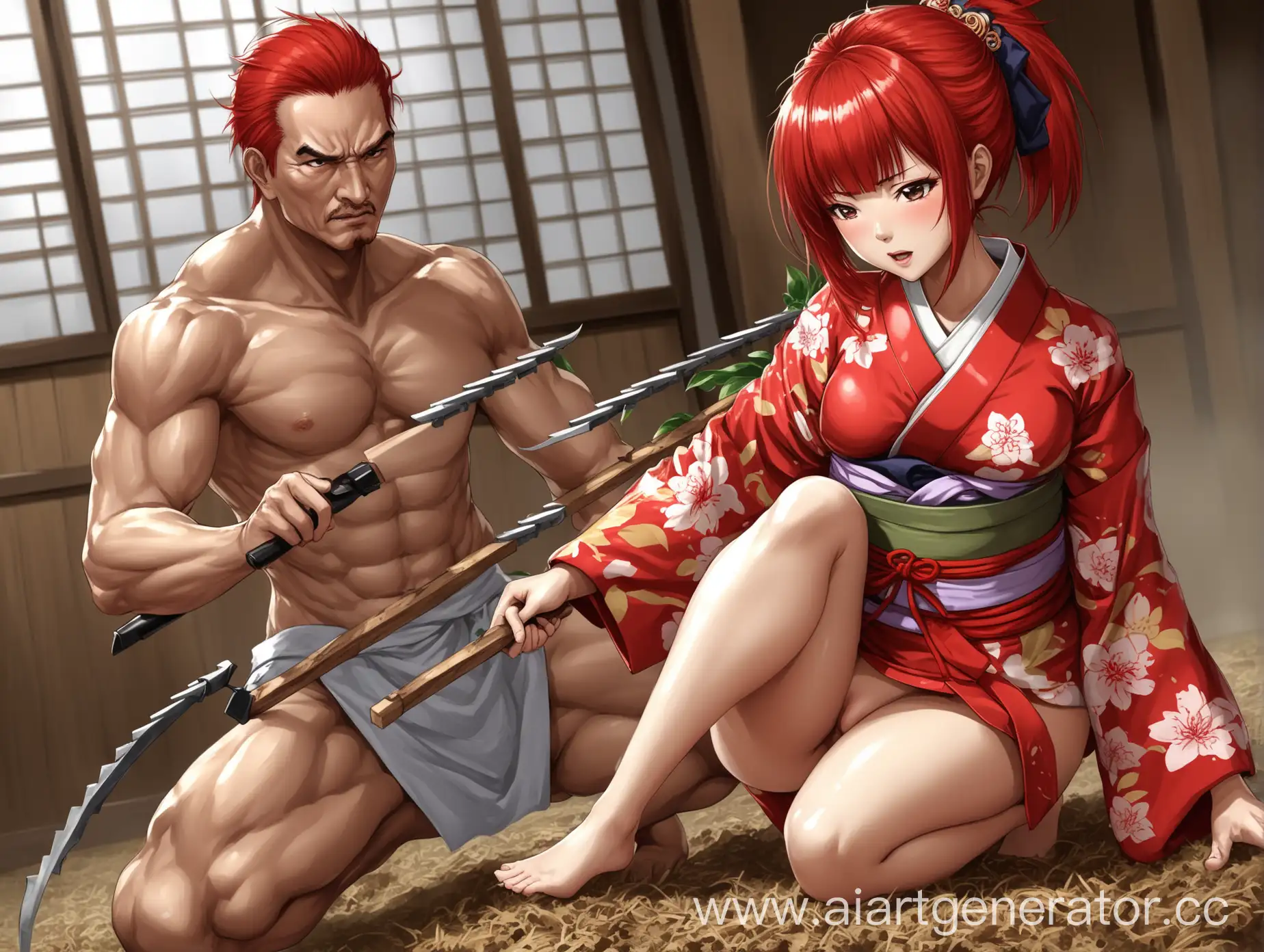 Asian-Girl-Master-Combat-Artist-in-Red-Kimono-with-Stunning-Red-Hair