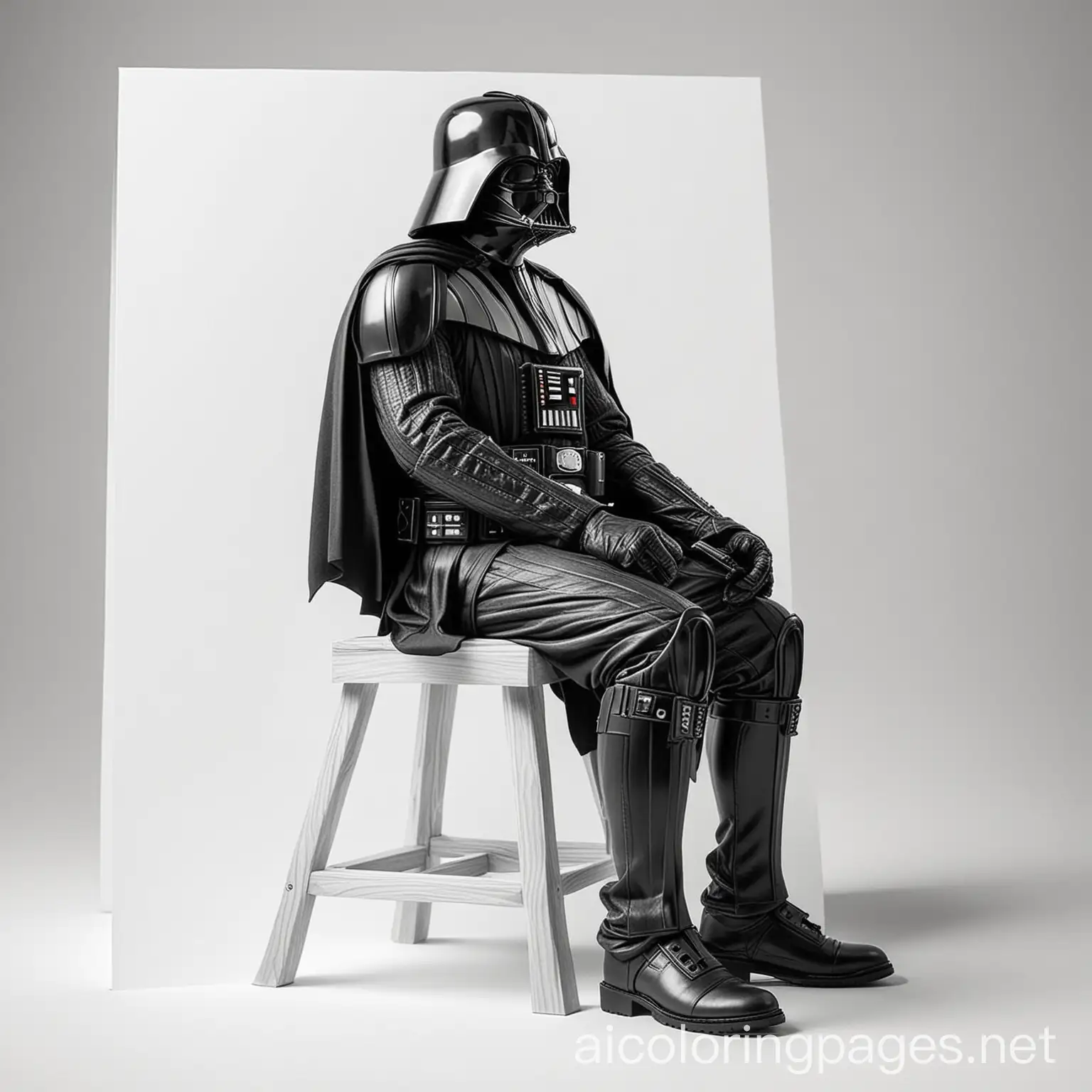 Darth Vader sitting on a  stool facing away, Coloring Page, black and white, line art, white background, Simplicity, Ample White Space. The background of the coloring page is plain white to make it easy for young children to color within the lines. The outlines of all the subjects are easy to distinguish, making it simple for kids to color without too much difficulty