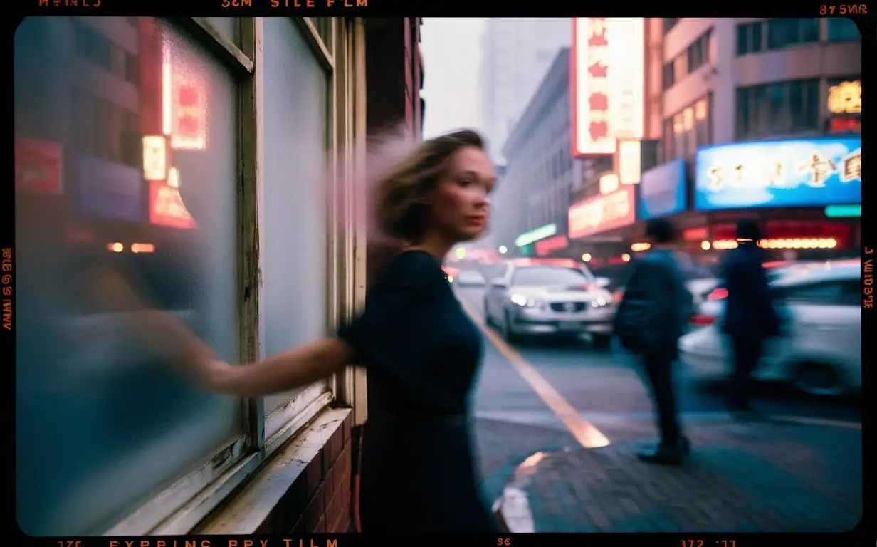 candid 35mm shot capturing a woman through the window in shanghai, motion blur, cinematic expired slide film