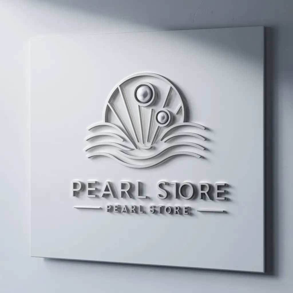 Pearl store LOGO simple and atmospheric, with a beige background, featuring shells, waves, and a 3D effect on pearls.