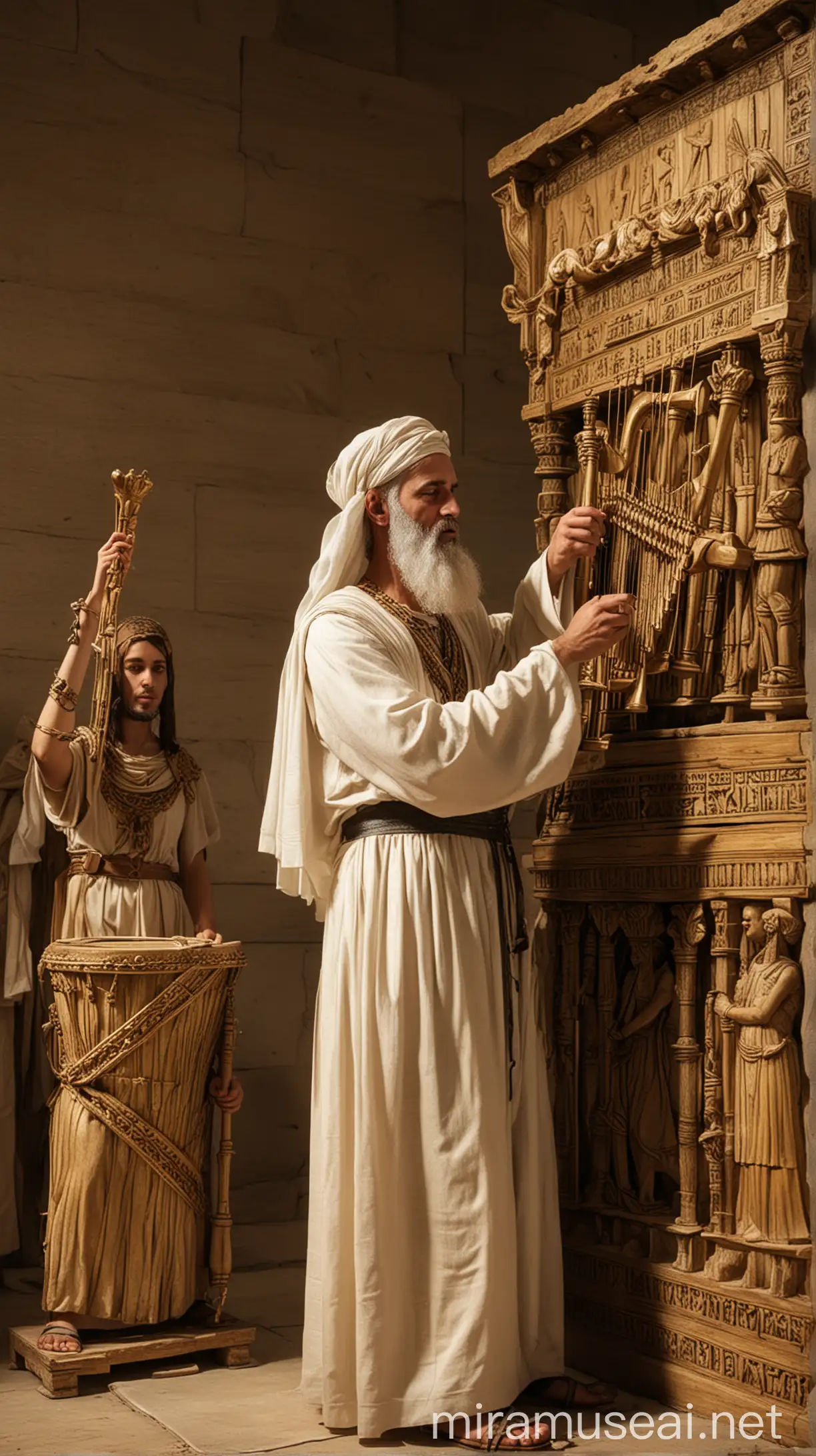 Generate an image depicting Elipheleh, a Levite of the second rank, playing musical instruments in front of the ark of the covenant in the ancient world 